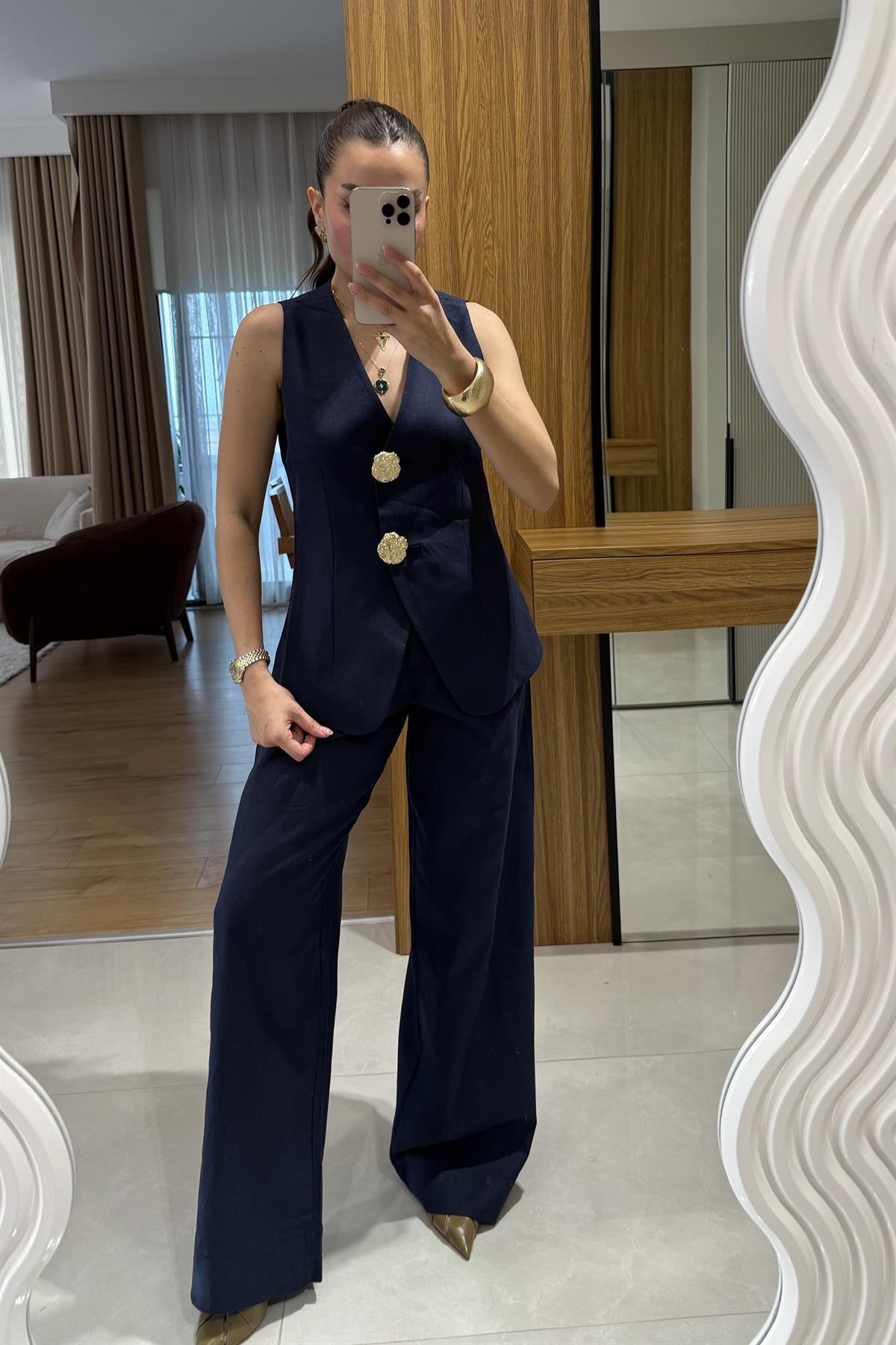 Samantha Lacivert Gold Düğmeli Keten Takım