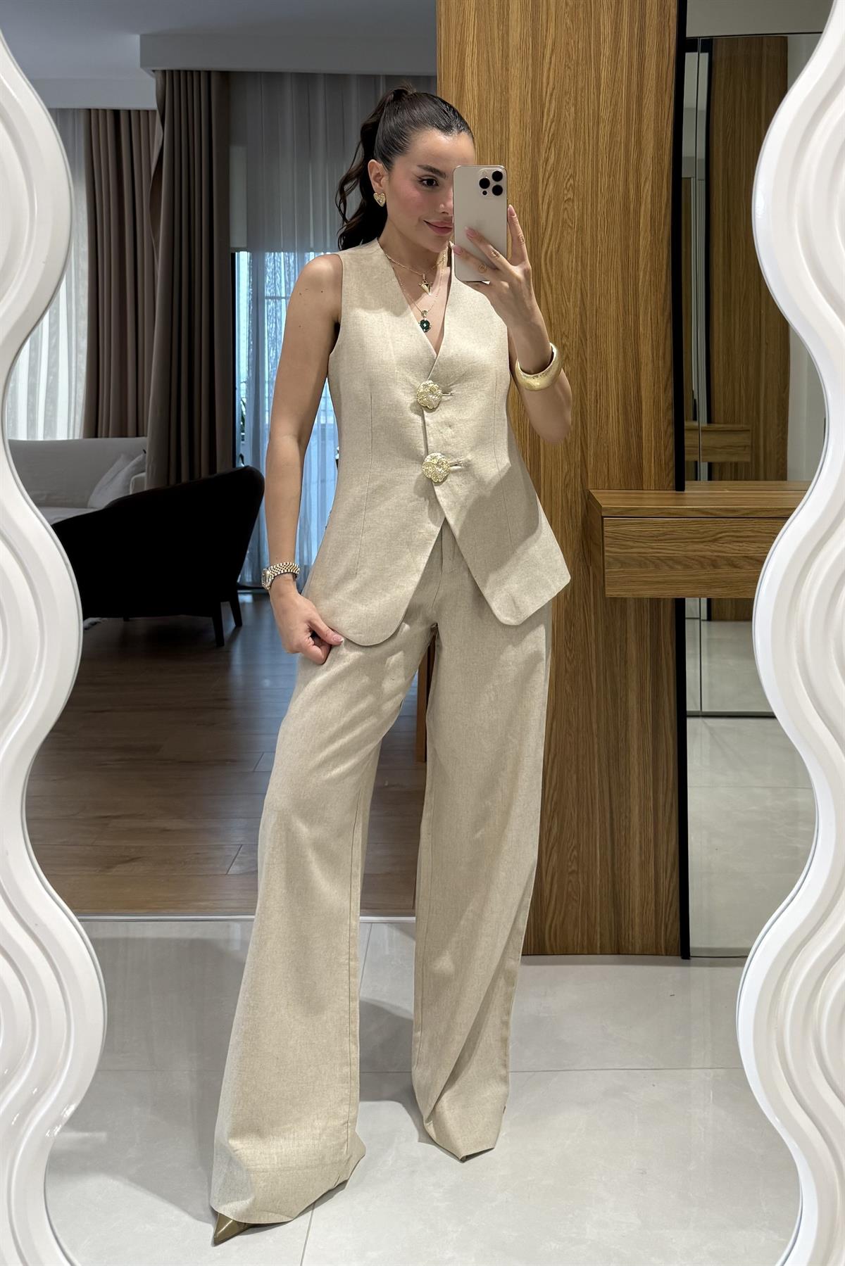 Samantha Natural Gold Düğmeli Keten Takım