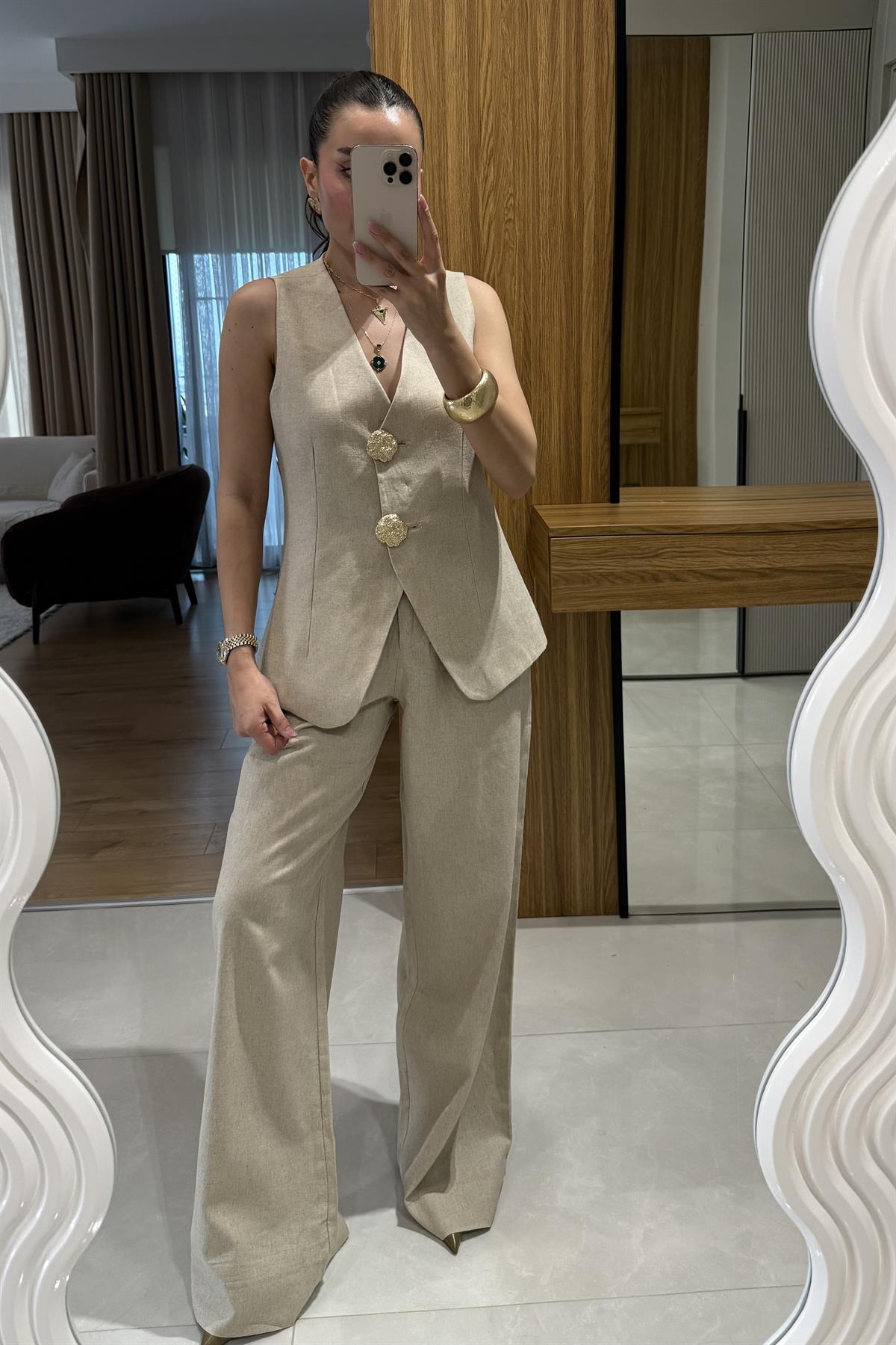 Samantha Natural Gold Düğmeli Keten Takım