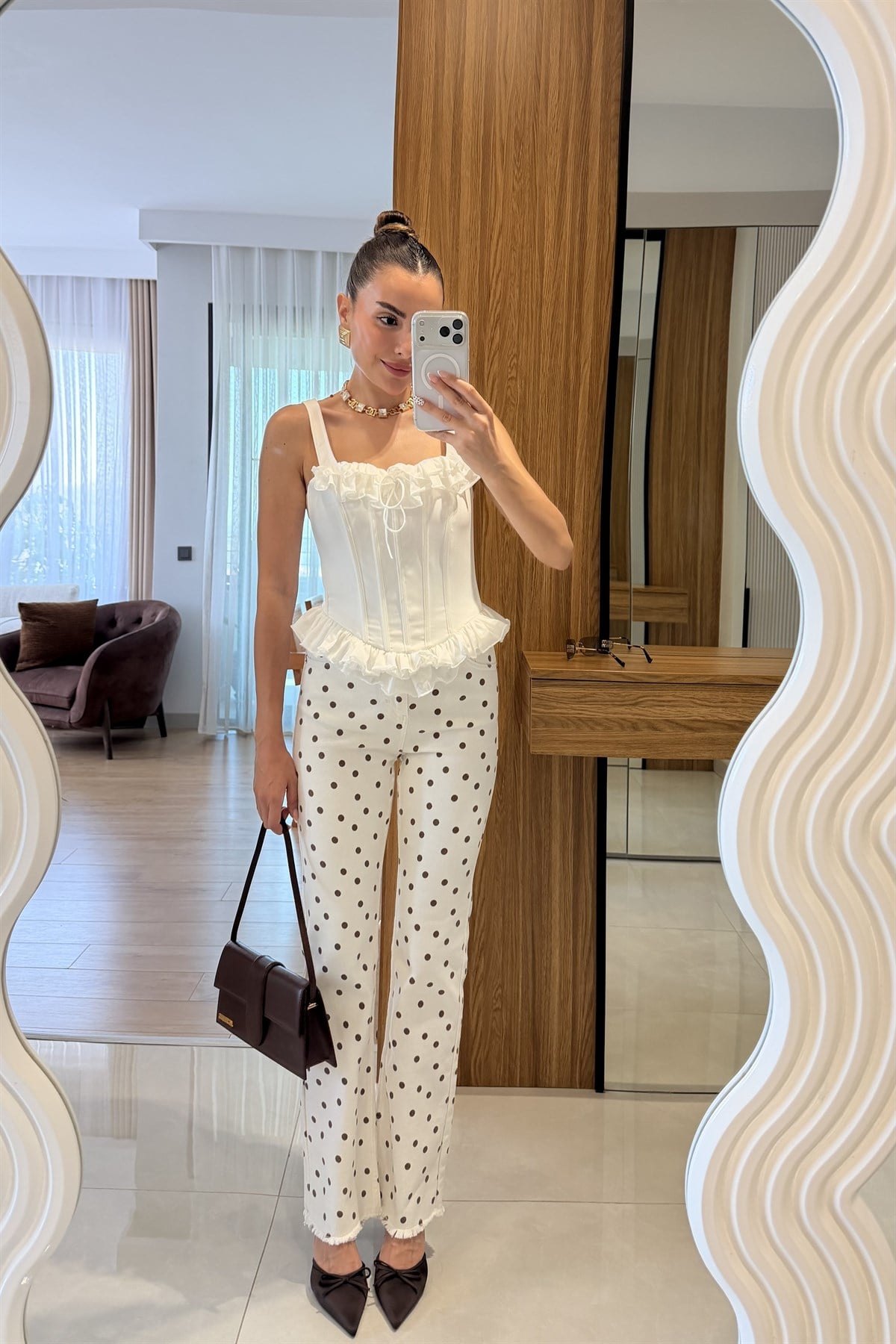 Samara Flare Puantiye Desenli Ekru Jean