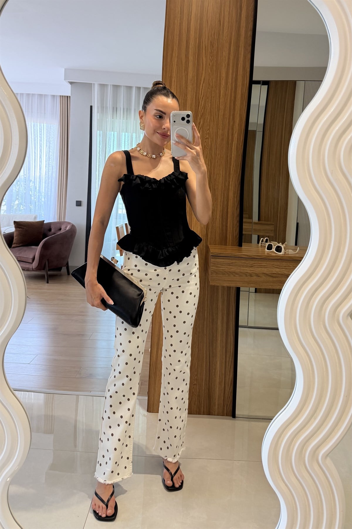 Samara Flare Puantiye Desenli Ekru Jean