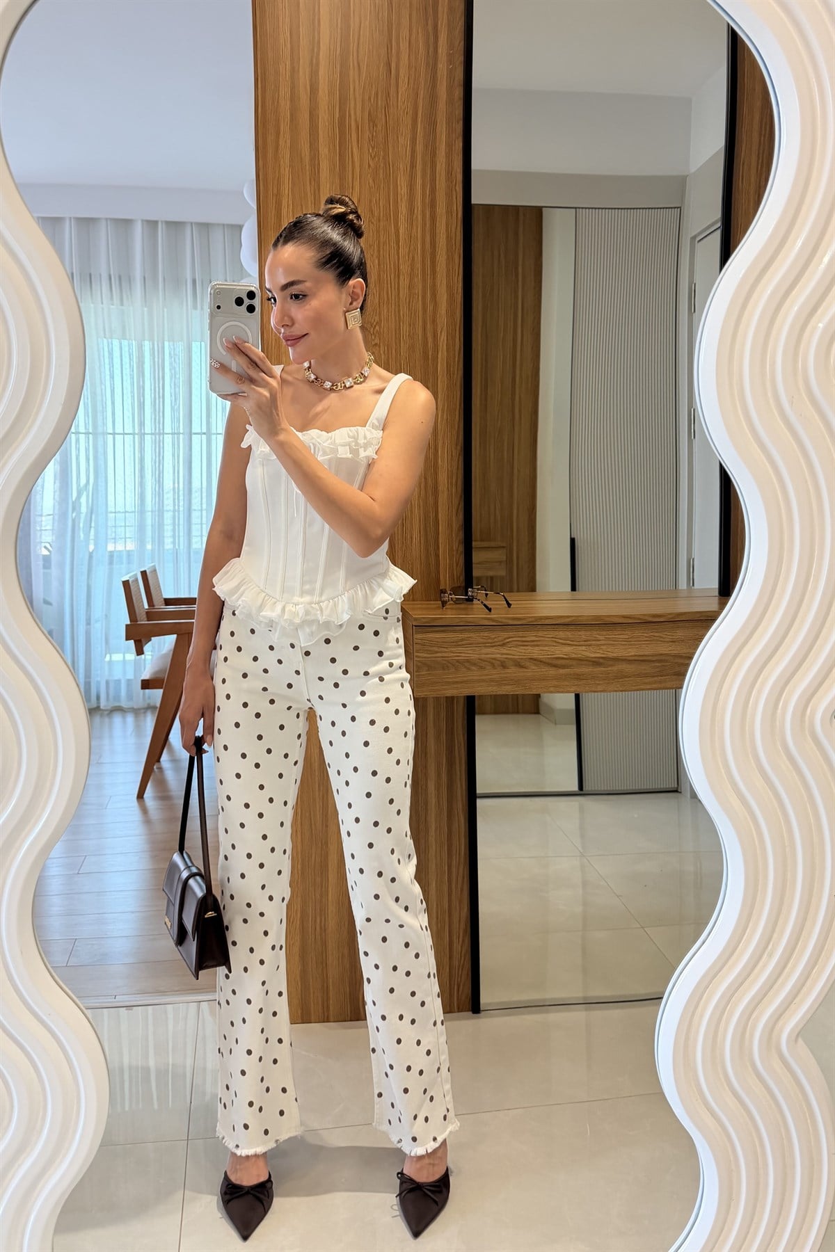 Samara Flare Puantiye Desenli Ekru Jean
