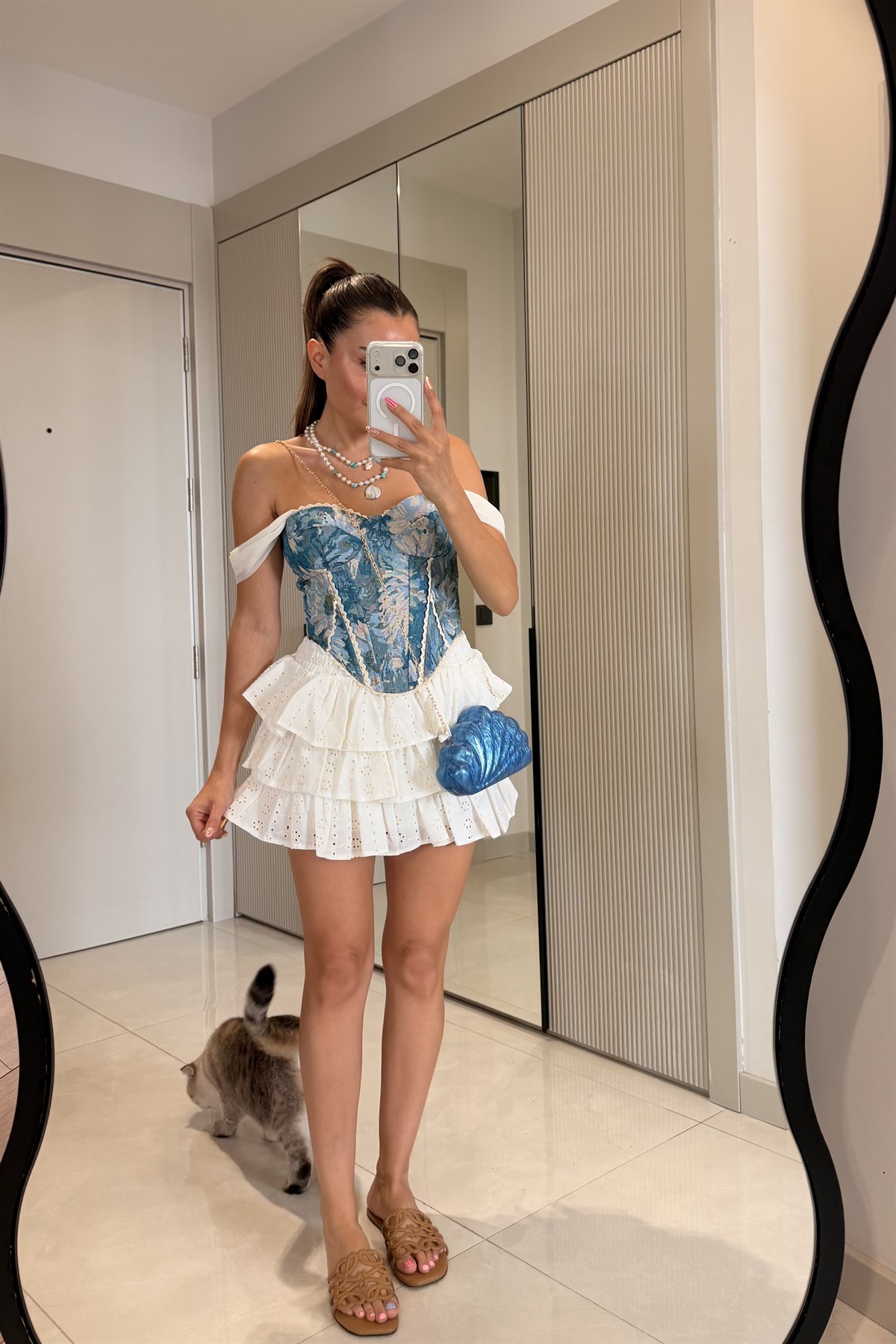 Samira Mavi Dantel Detaylı Desenli Korse Büstiyer
