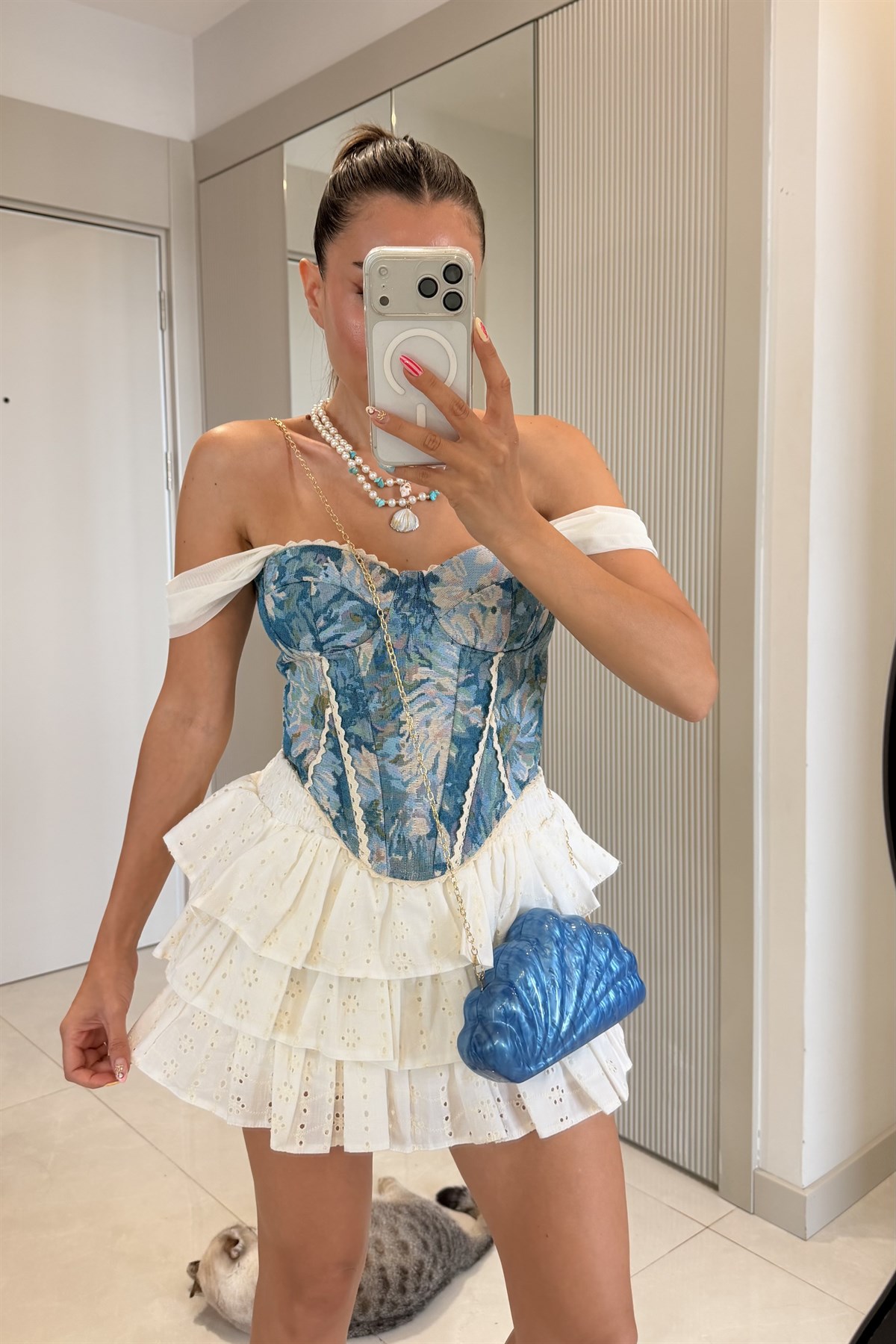 Samira Mavi Dantel Detaylı Desenli Korse Büstiyer