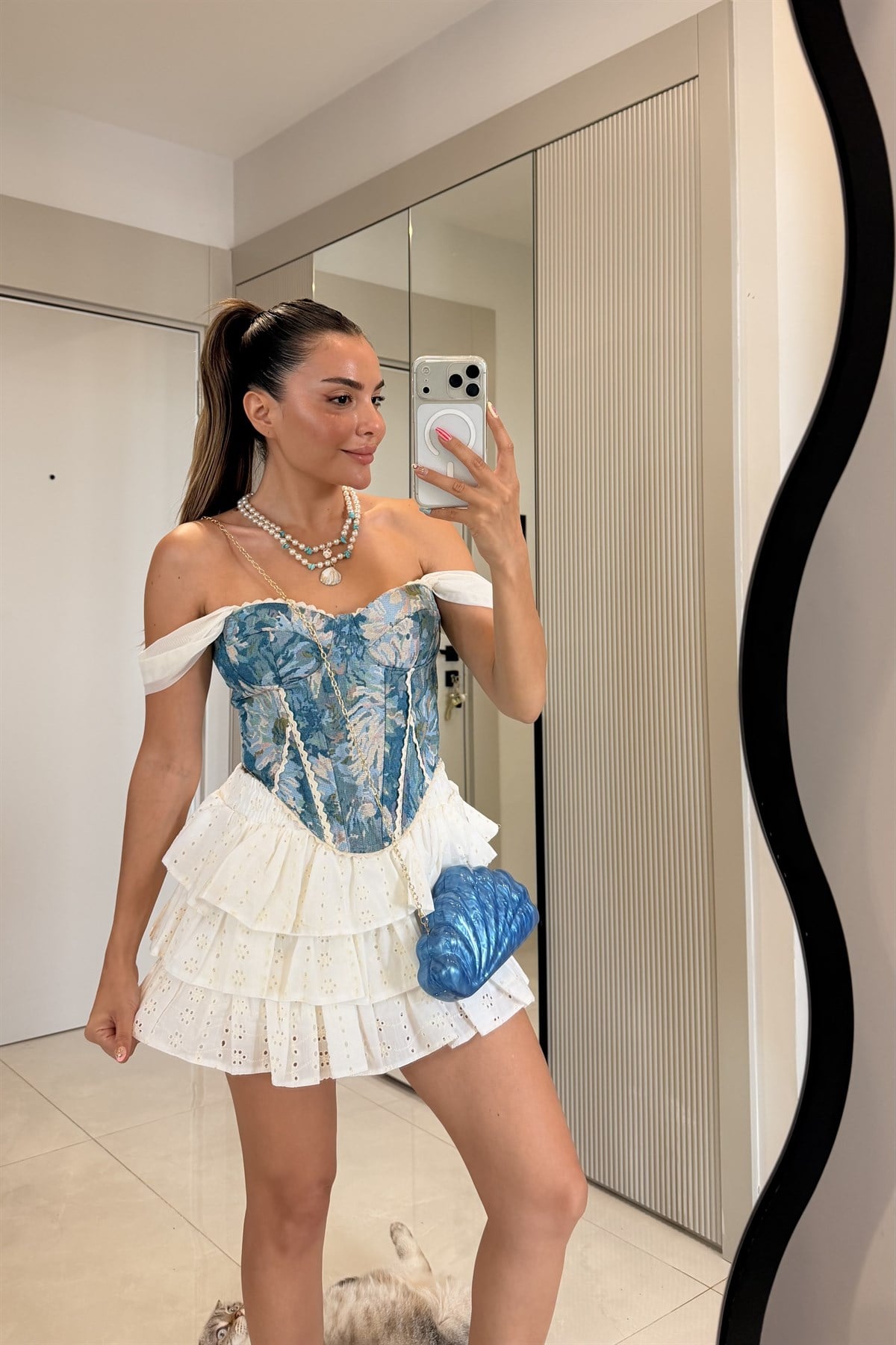 Samira Mavi Dantel Detaylı Desenli Korse Büstiyer