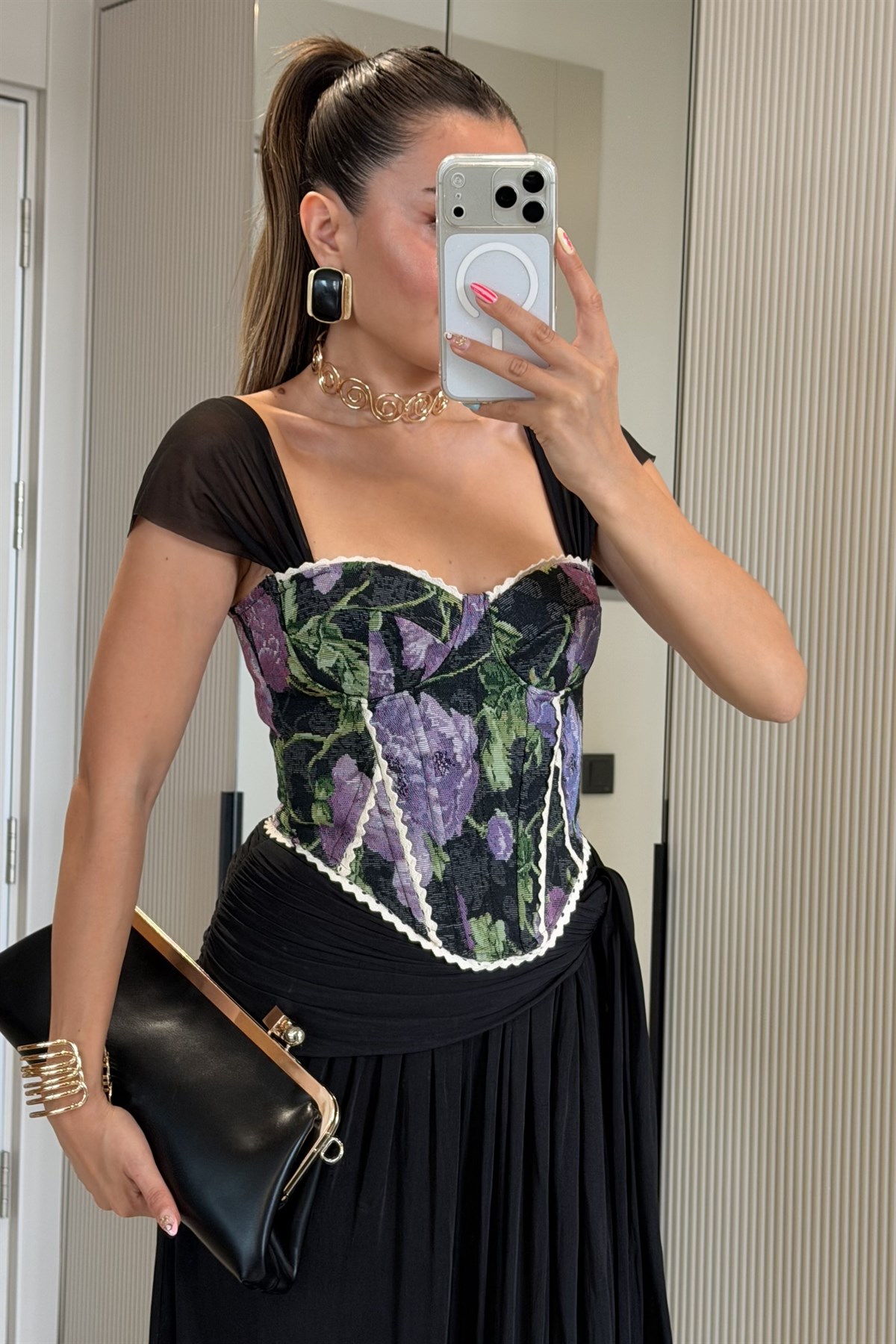 Samira Mor Dantel Detaylı Desenli Korse Büstiyer