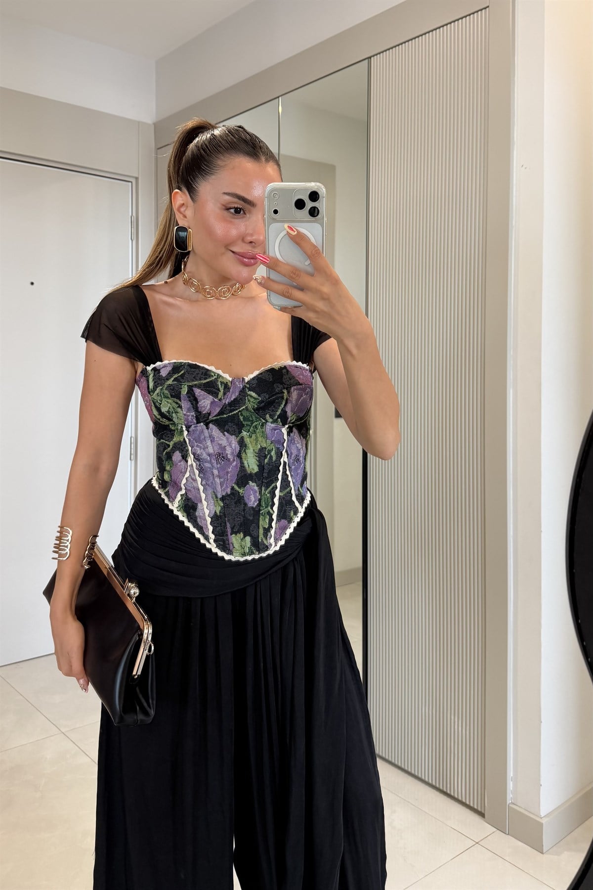 Samira Mor Dantel Detaylı Desenli Korse Büstiyer