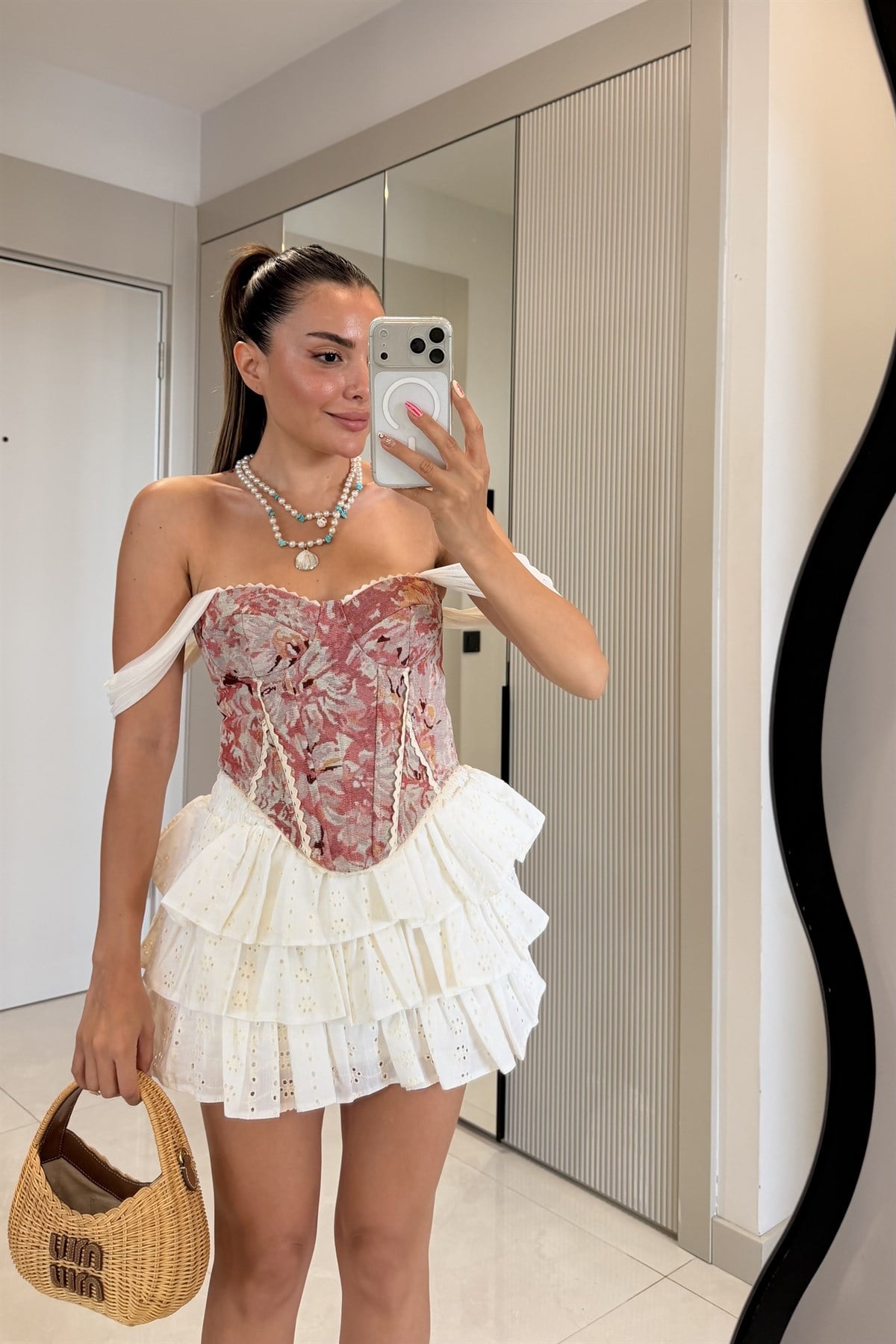 Samira Pembe Dantel Detaylı Desenli Korse Büstiyer
