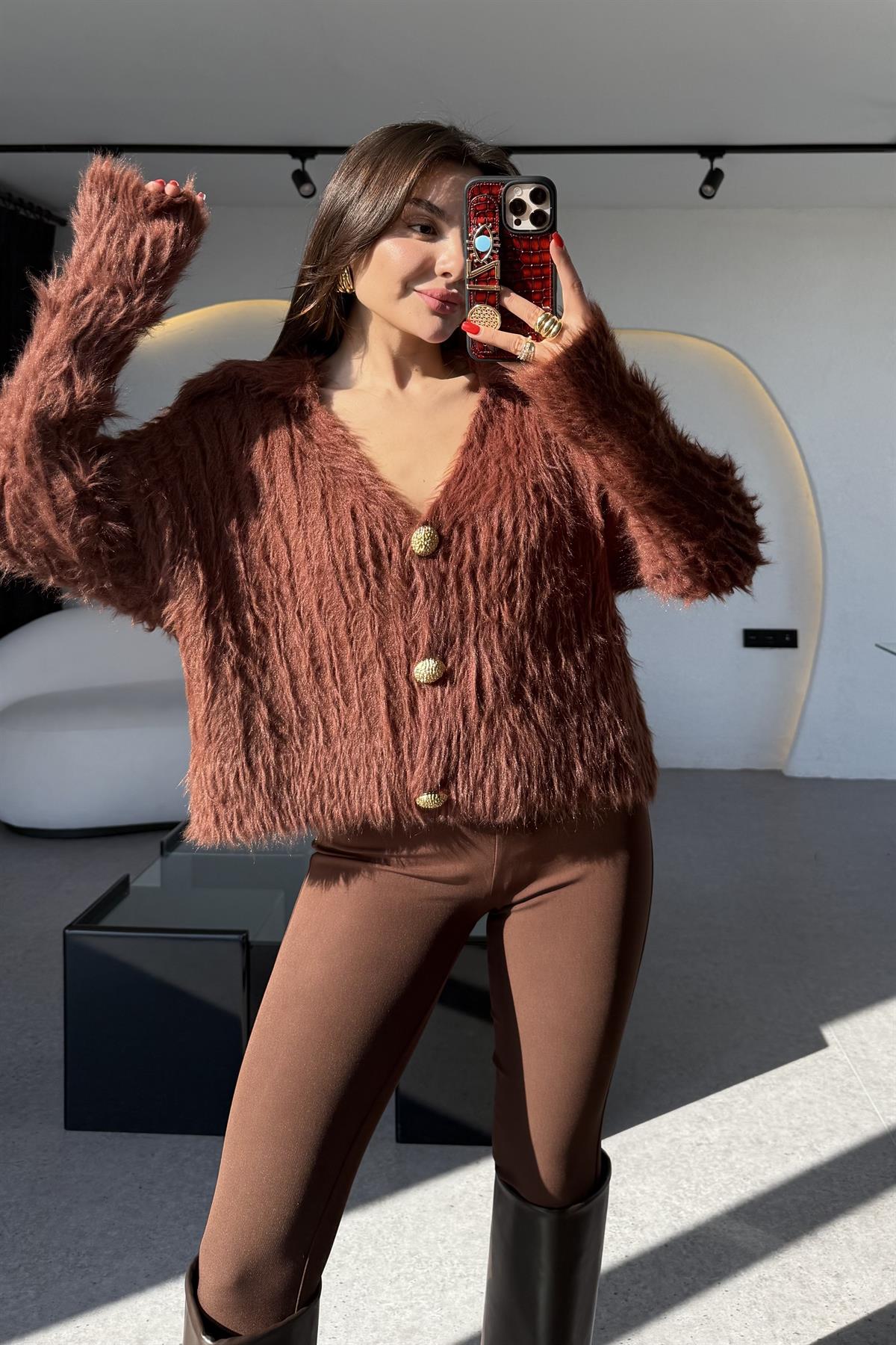 Sammy Kahve Gold Düğmeli Sakallı Hırka