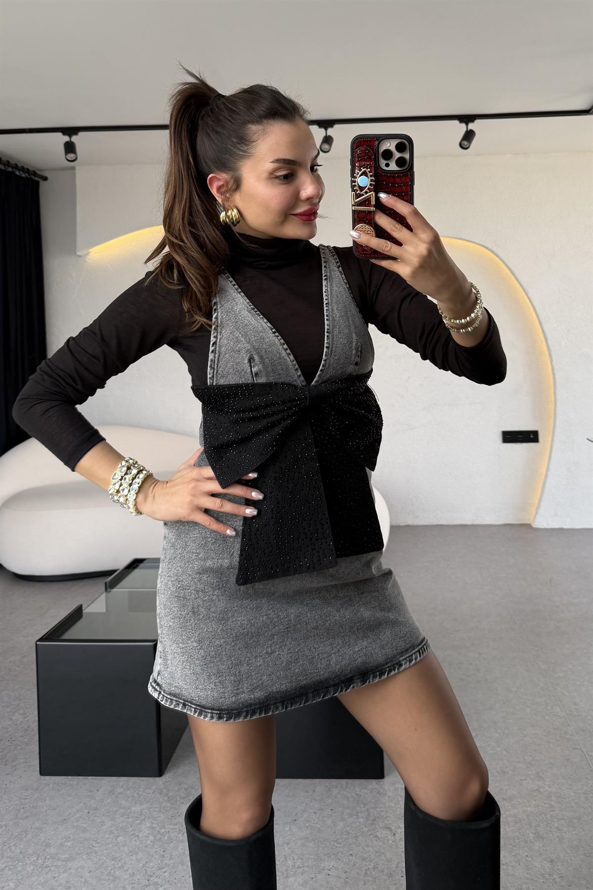 Samuel Gri Fiyonk Taşlı Denim Elbise 