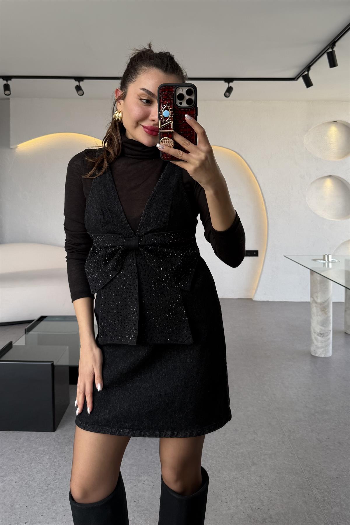 Samuel Siyah Fiyonk Taşlı Denim Elbise 