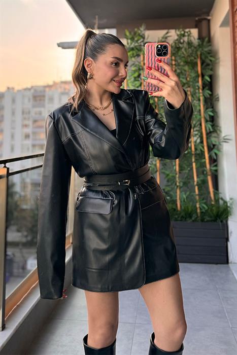 Sandi Kontrast Dikişli Deri Blazer Ceket
