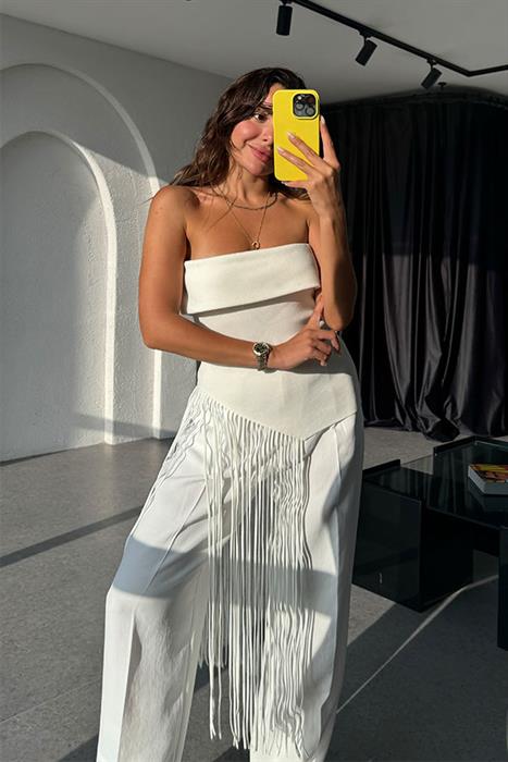 Sandy Straplez Verev Püsküllü Crop-Beyaz