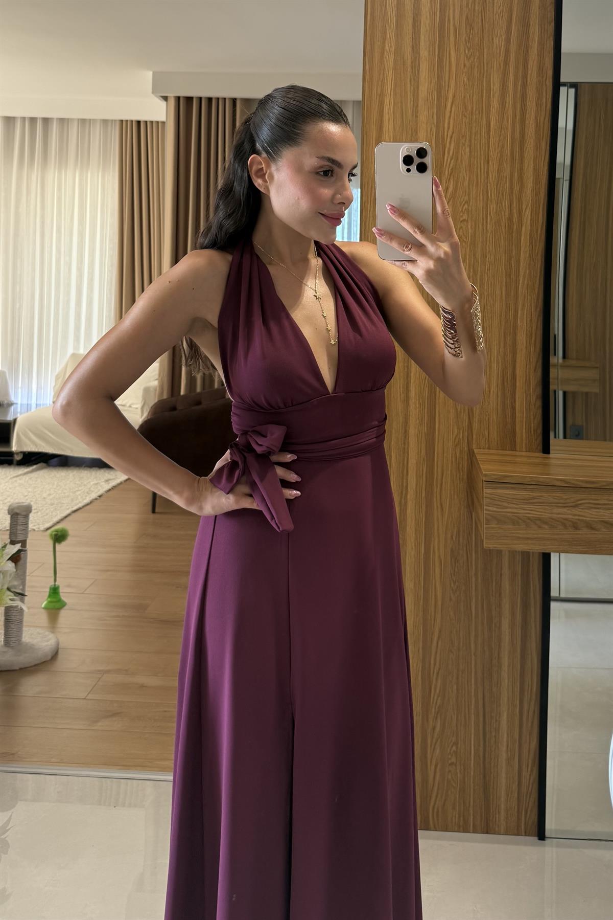 Sanjose Mürdüm Boyundan Bağlamalı Elbise