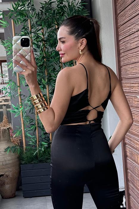 Santori Sırt Dekolteli Siyah Tulum