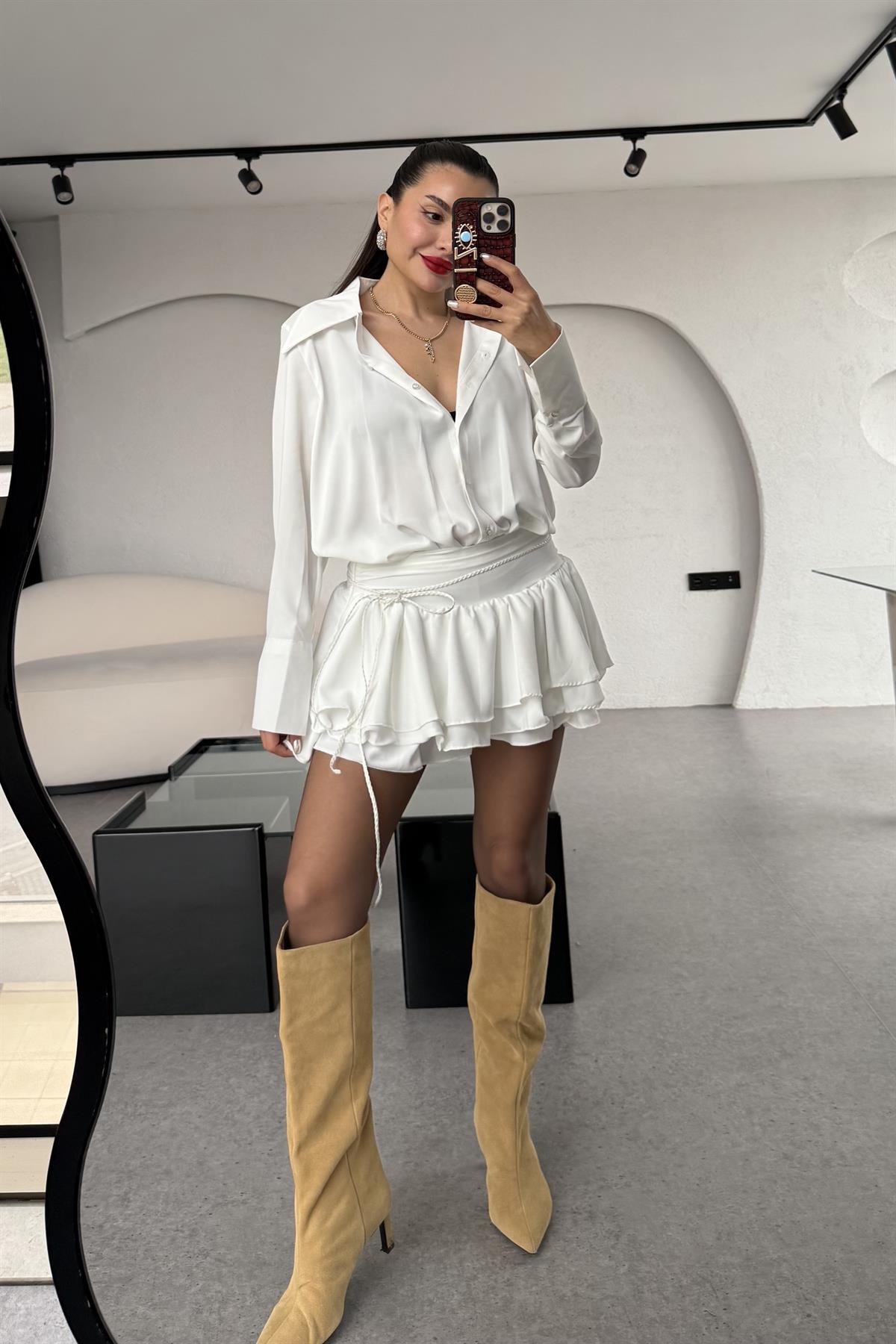 Santorini Beyaz Mini Pileli Gömlek Elbise 