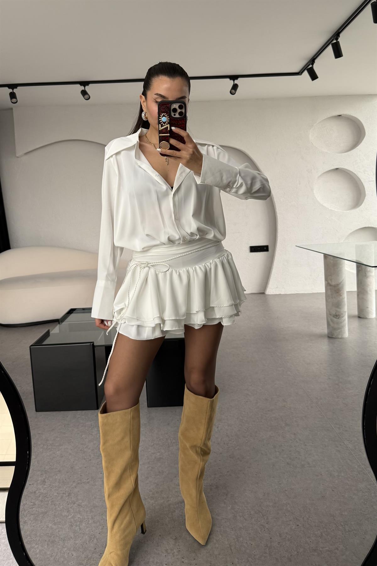 Santorini Beyaz Mini Pileli Gömlek Elbise 