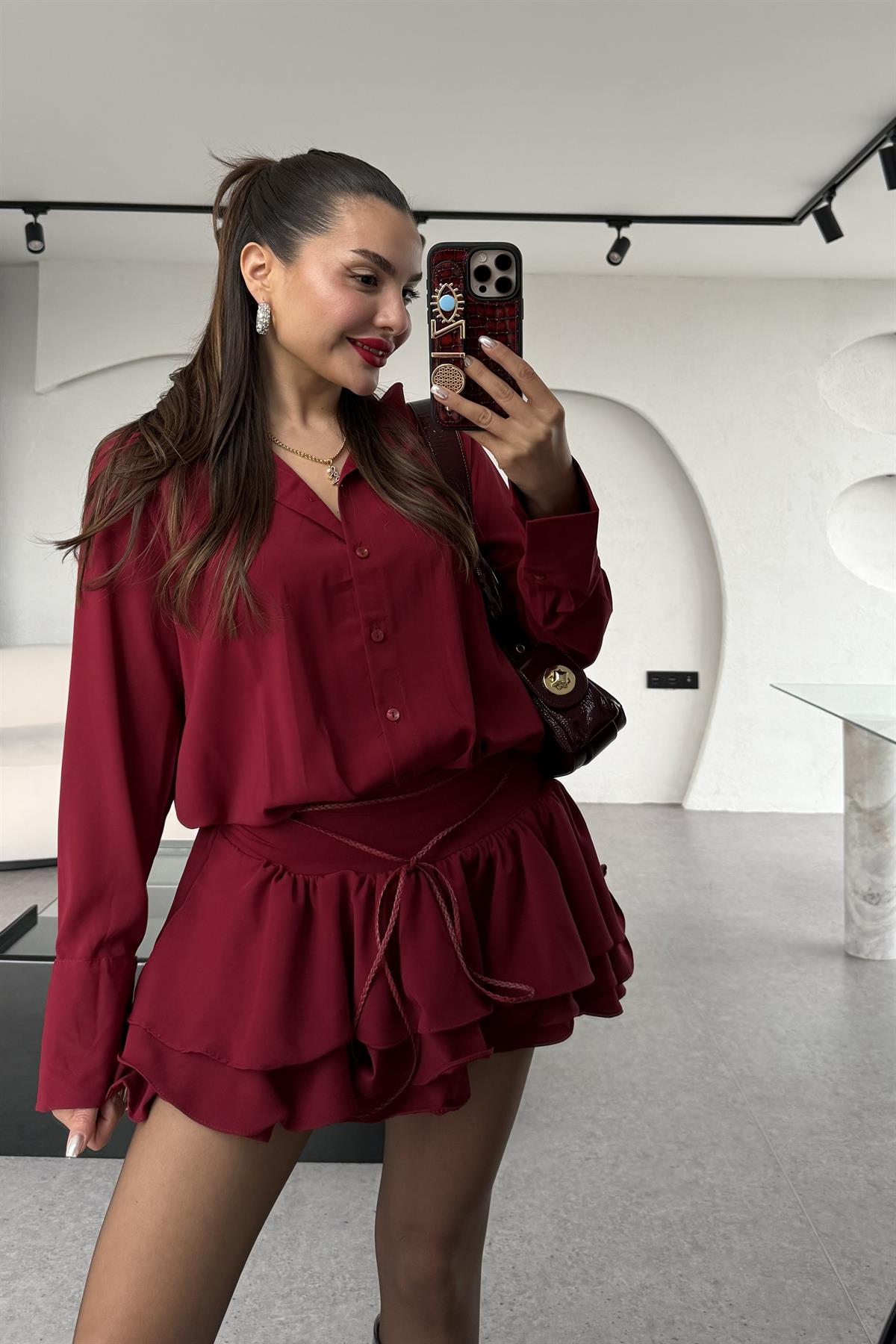 Santorini Bordo Mini Pileli Gömlek Elbise 