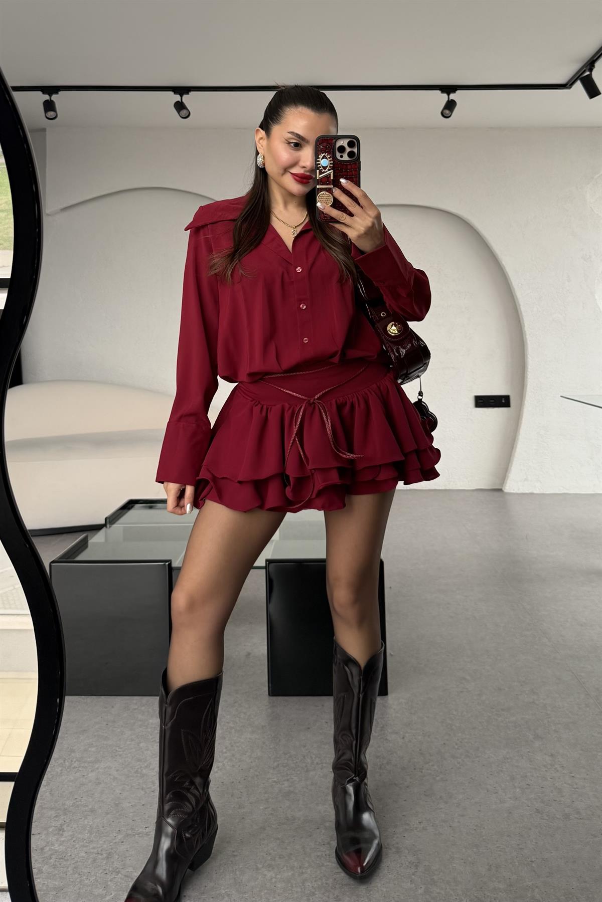 Santorini Bordo Mini Pileli Gömlek Elbise 