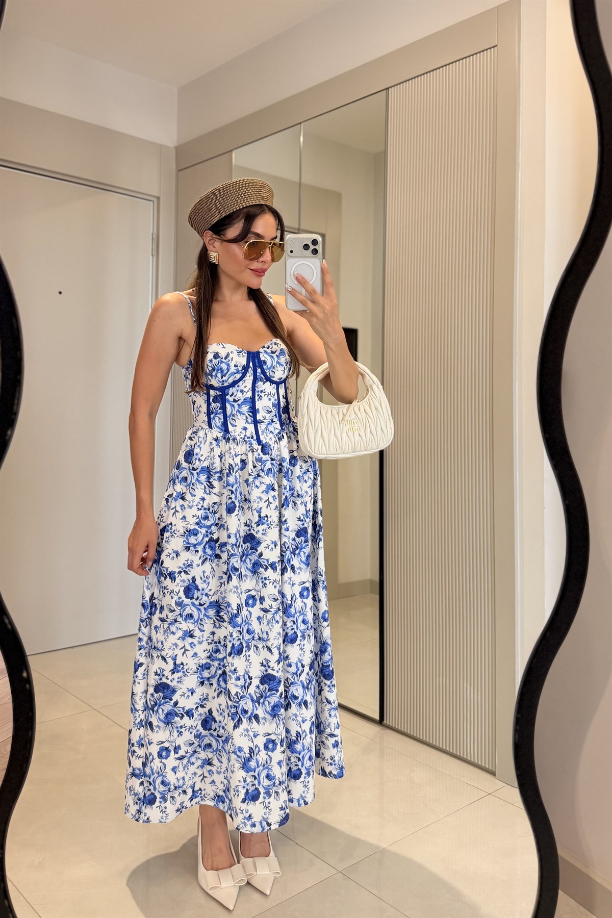 Santorini Saks Desenli Korse Detay Elbise