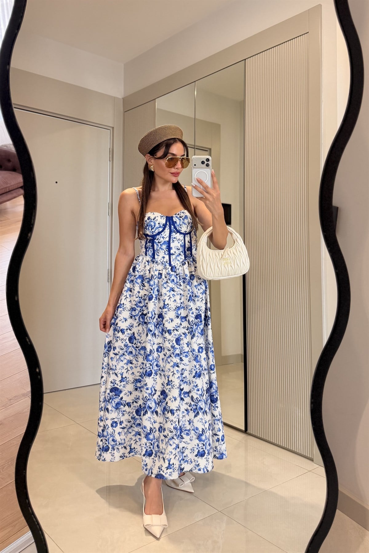 Santorini Saks Desenli Korse Detay Elbise