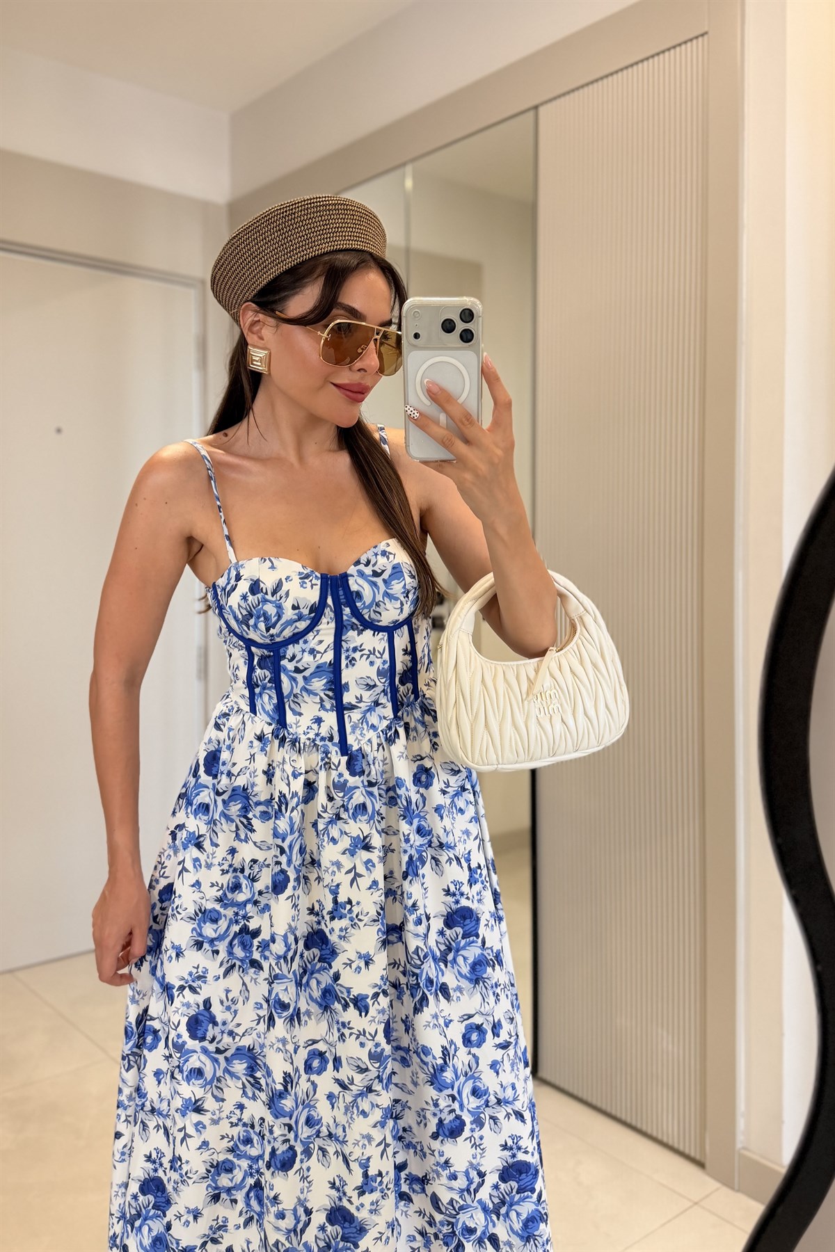 Santorini Saks Desenli Korse Detay Elbise