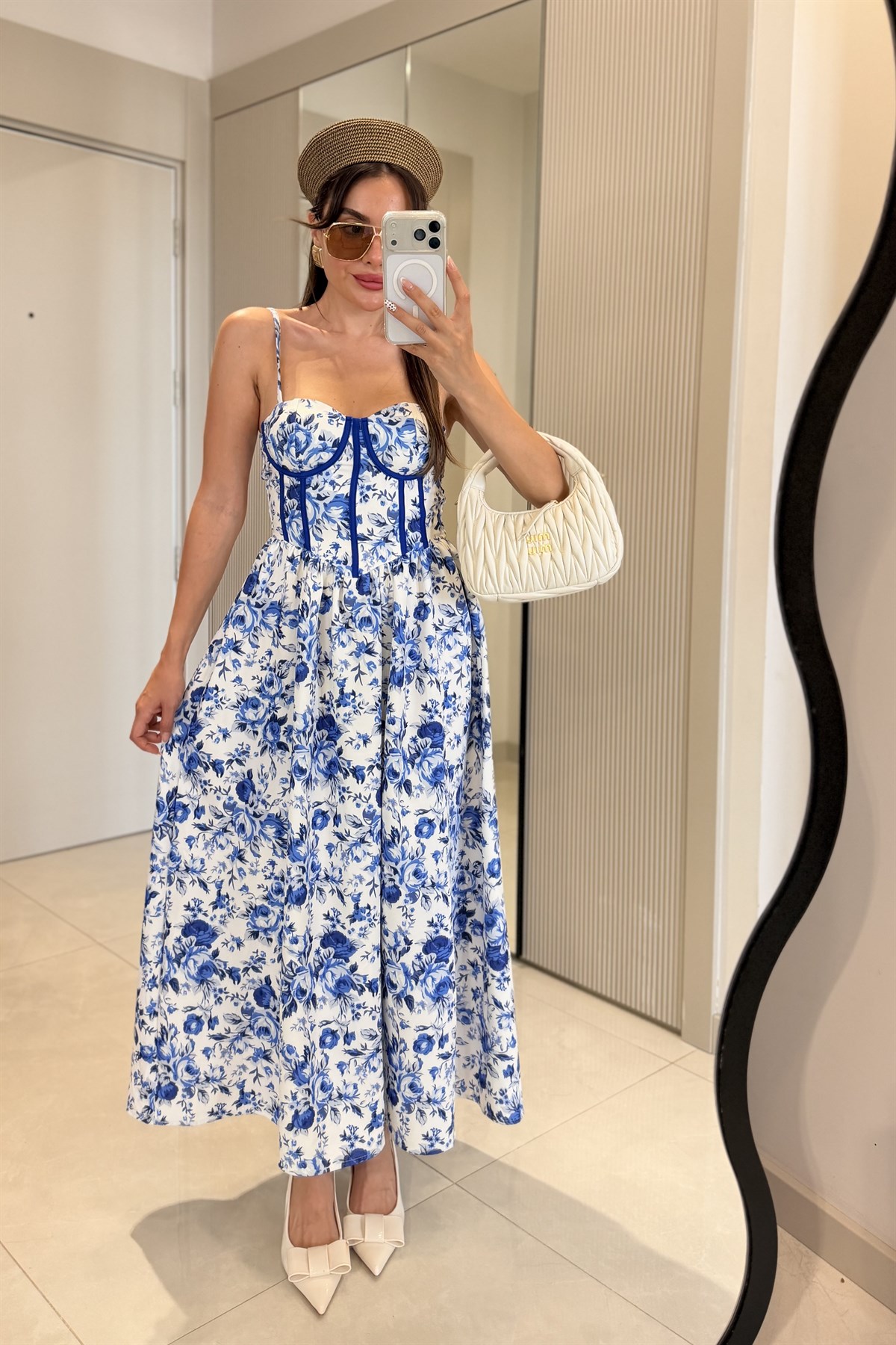 Santorini Saks Desenli Korse Detay Elbise