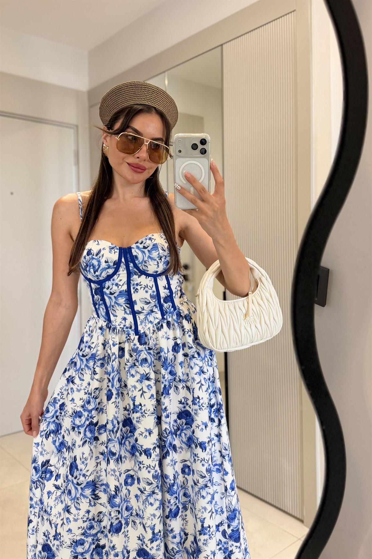 Santorini Saks Desenli Korse Detay Elbise