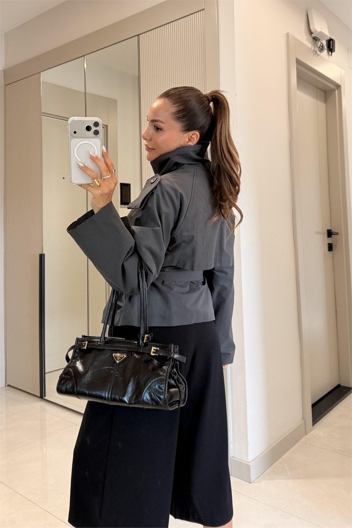 Saphira Antrasit Kuşaklı Kısa Trençkot