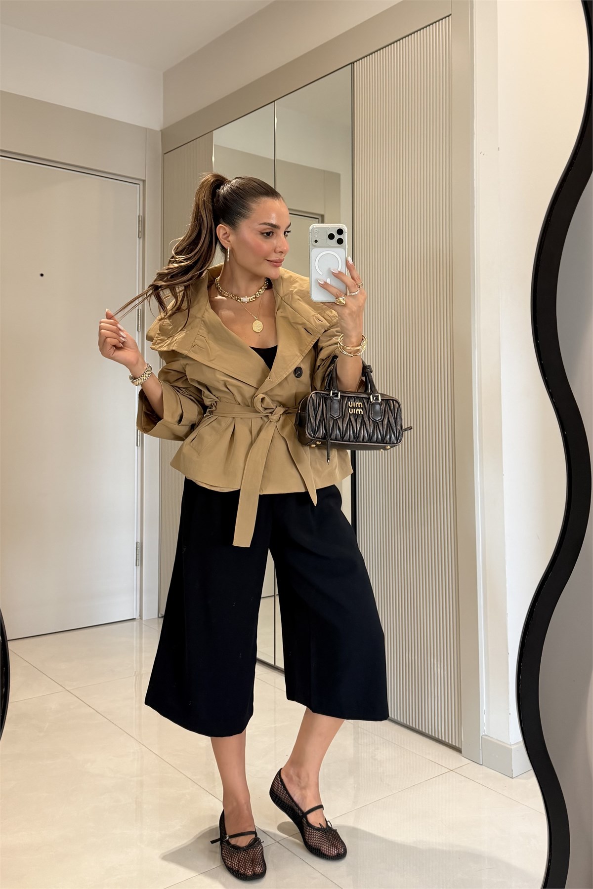 Saphira Camel Kuşaklı Kısa Trençkot