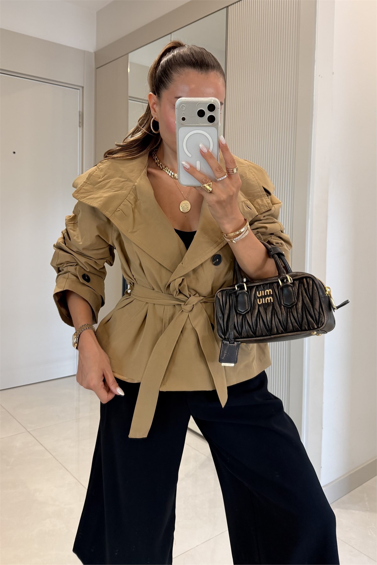 Saphira Camel Kuşaklı Kısa Trençkot