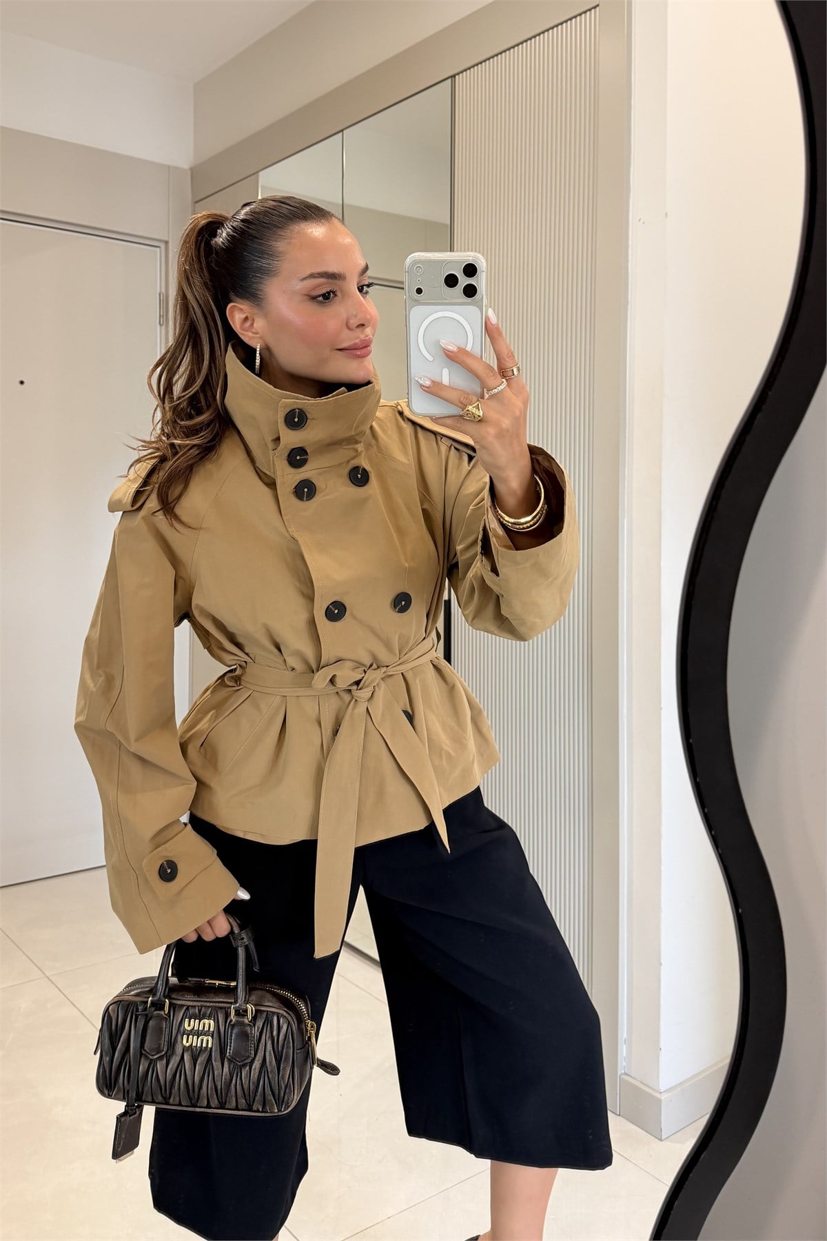 Saphira Camel Kuşaklı Kısa Trençkot