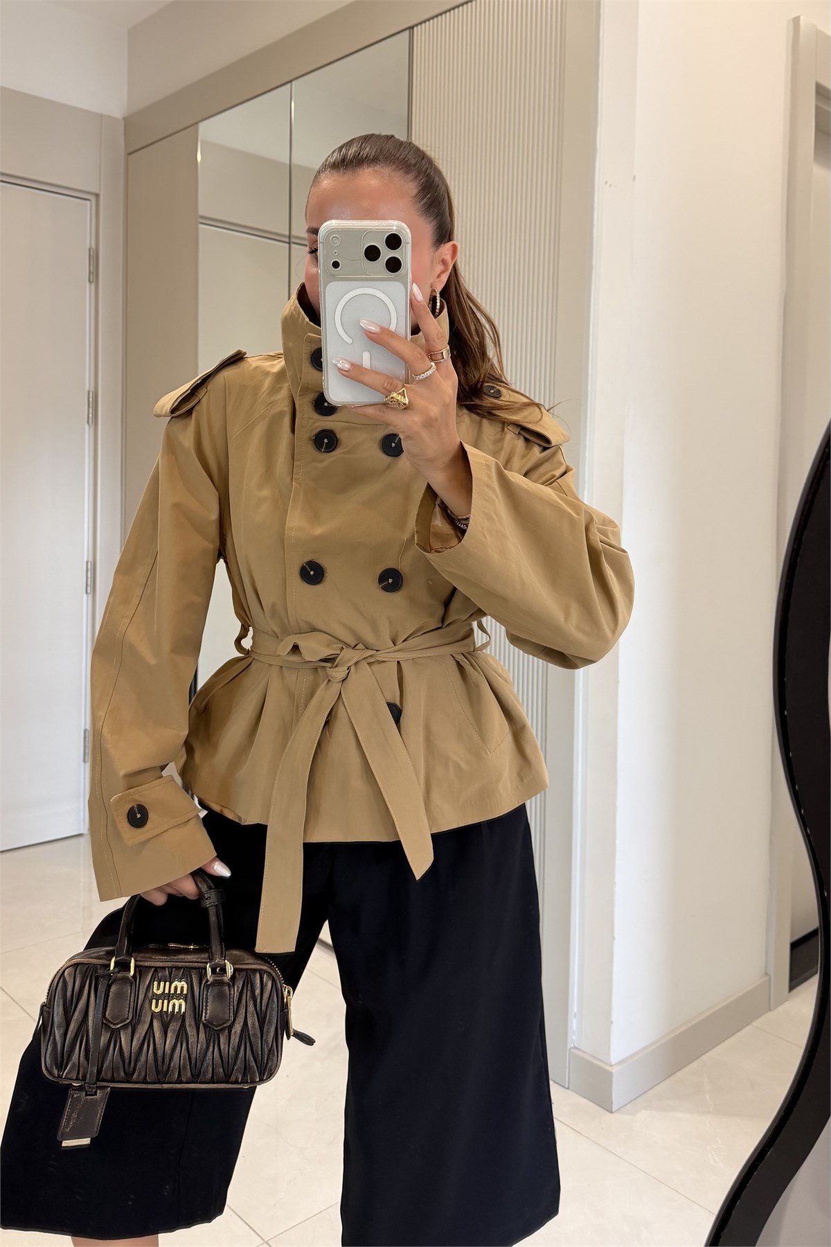 Saphira Camel Kuşaklı Kısa Trençkot