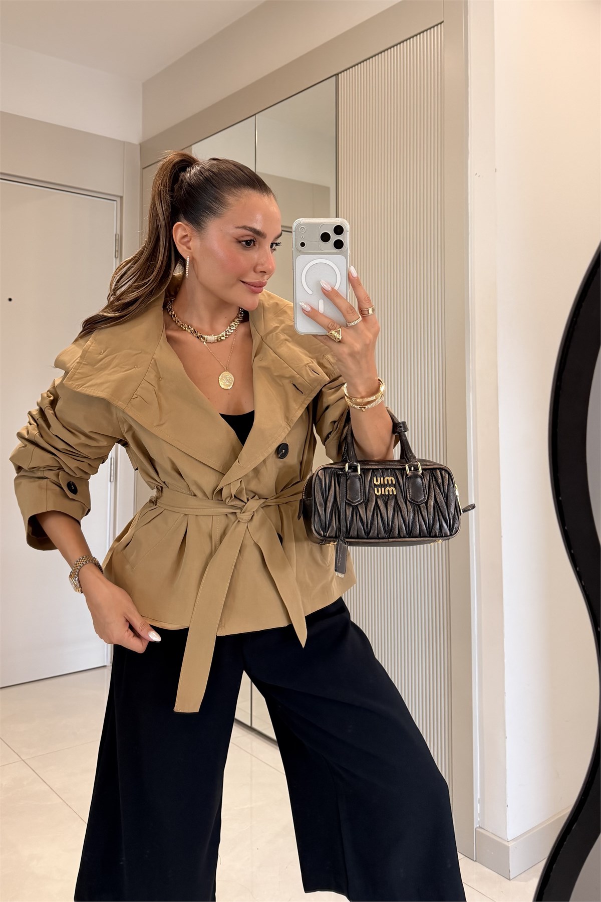 Saphira Camel Kuşaklı Kısa Trençkot