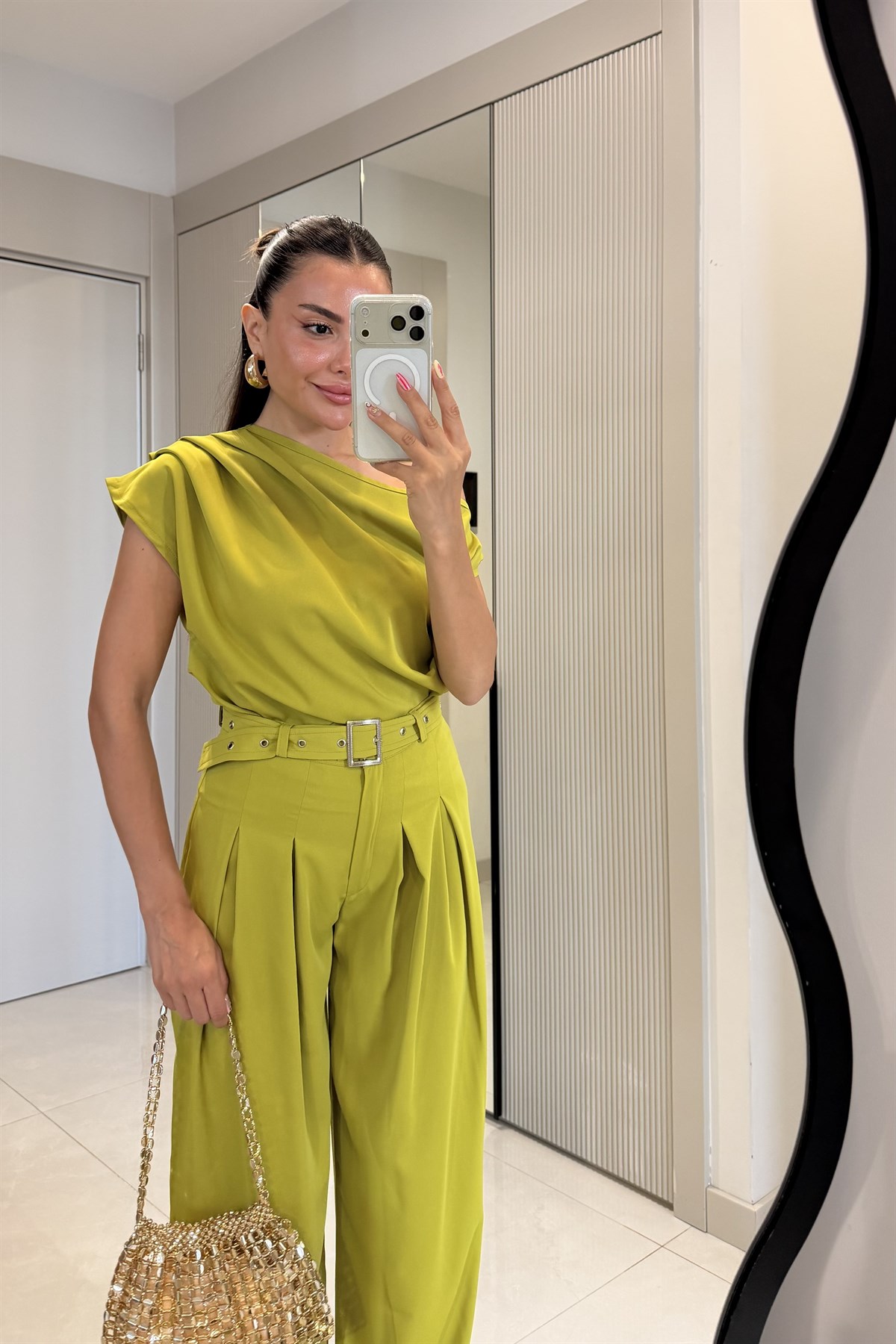 Sarana Yeşil Şık Tek Omuz Pantolon Takımı