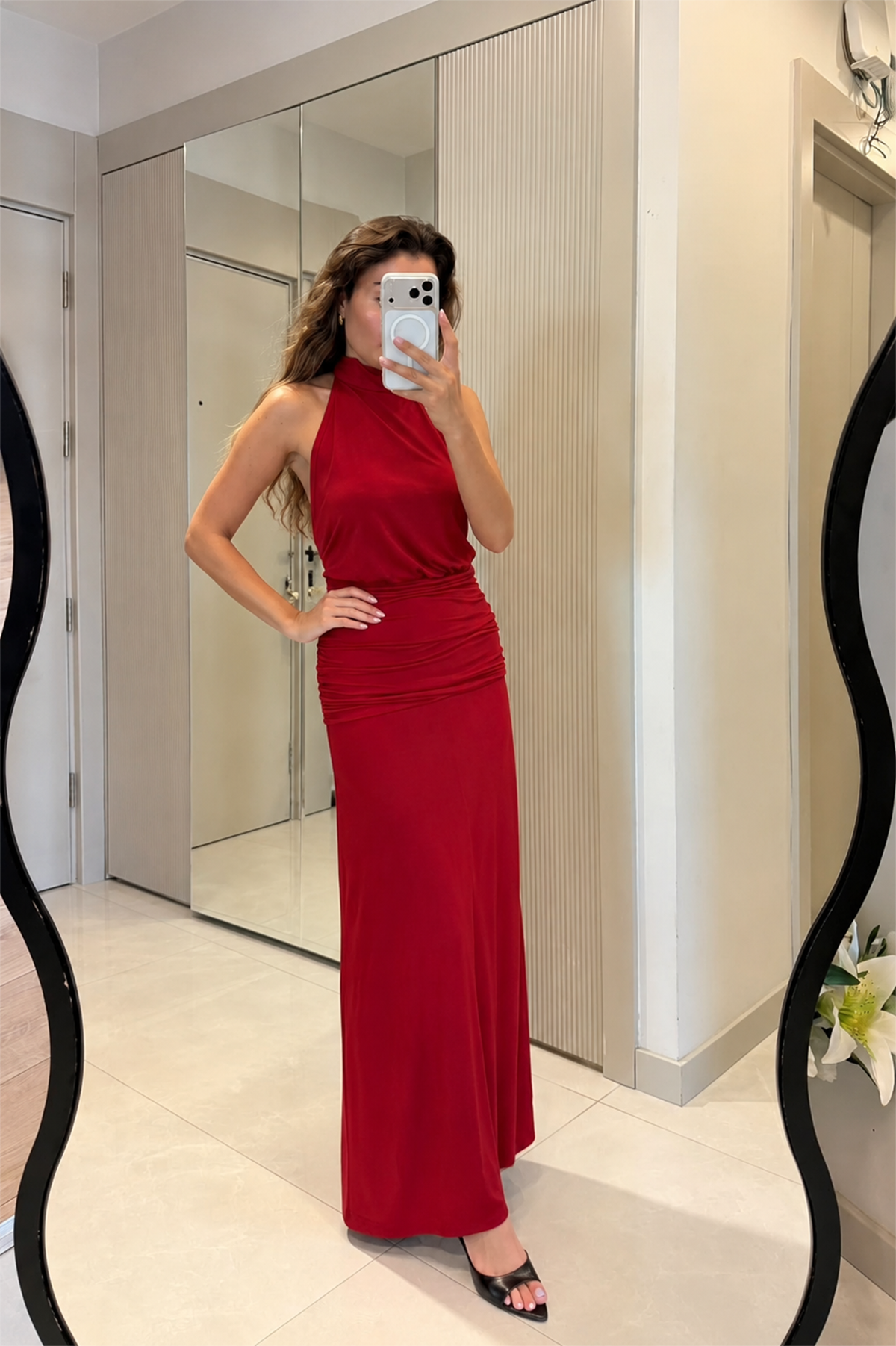 Sarbia Kırmızı Drapeli Halter Yaka Elbise