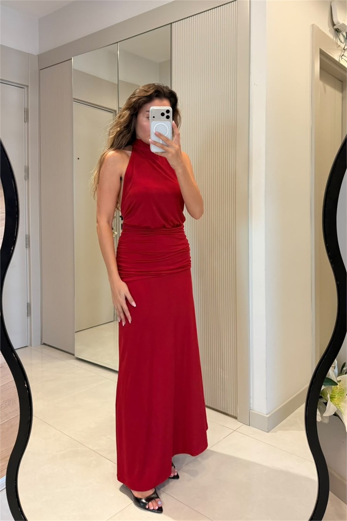 Sarbia Kırmızı Drapeli Halter Yaka Elbise