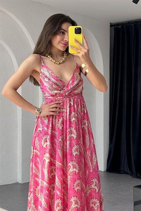Sare Desenli Saten Fuşya Elbise