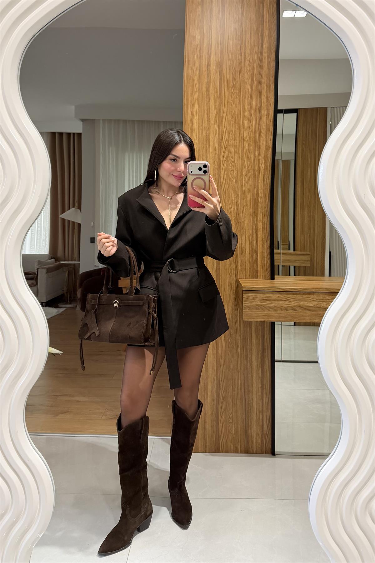 Sasha Acı Kahve Kemerli Premium Blazer Ceket