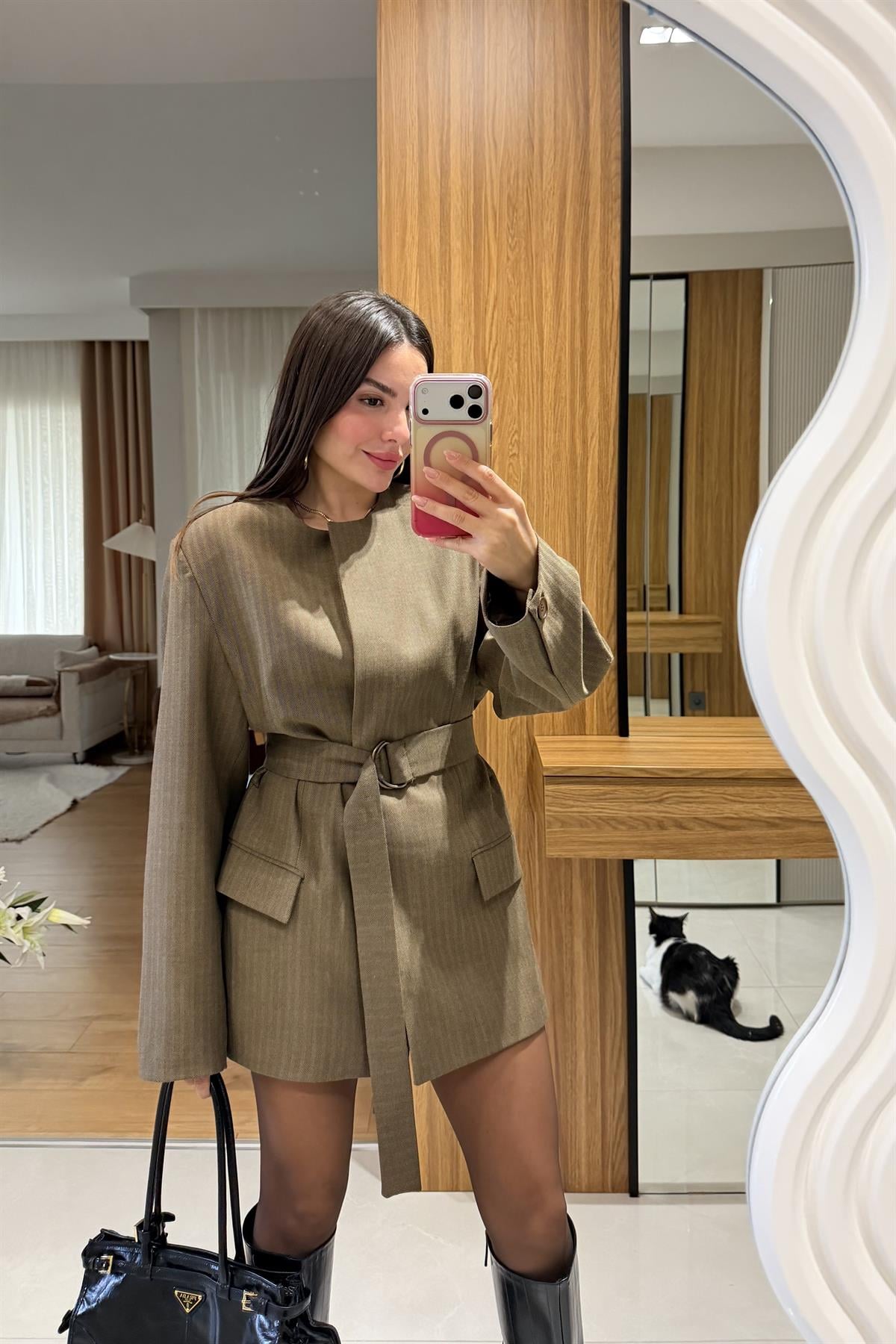 Sasha Haki Kemerli Premium Blazer Ceket