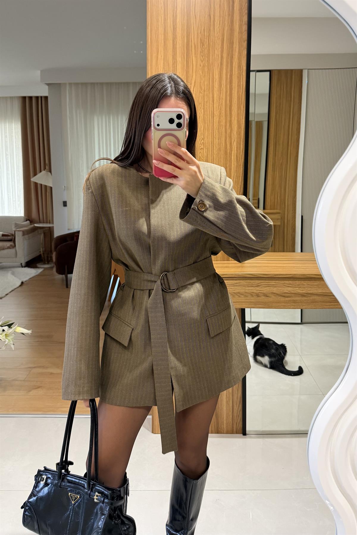 Sasha Haki Kemerli Premium Blazer Ceket