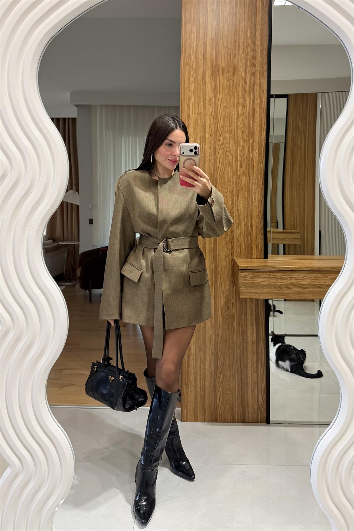 Sasha Haki Kemerli Premium Blazer Ceket