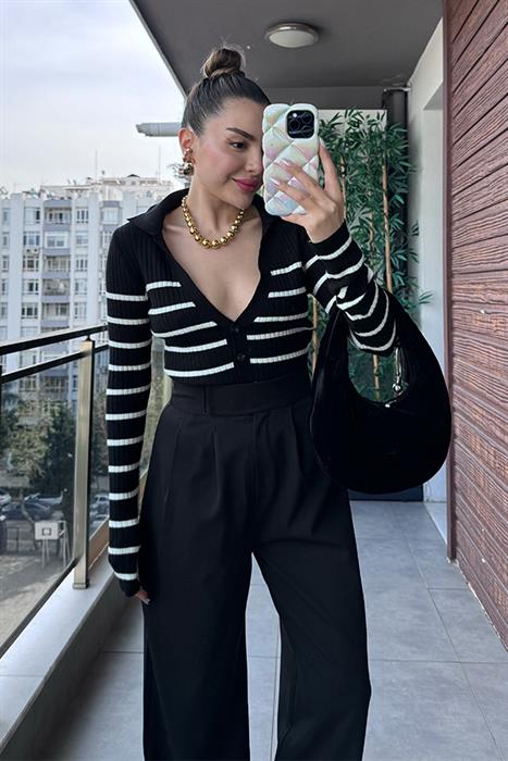 Satin Çizgili V yaka Hırka - Siyah Beyaz