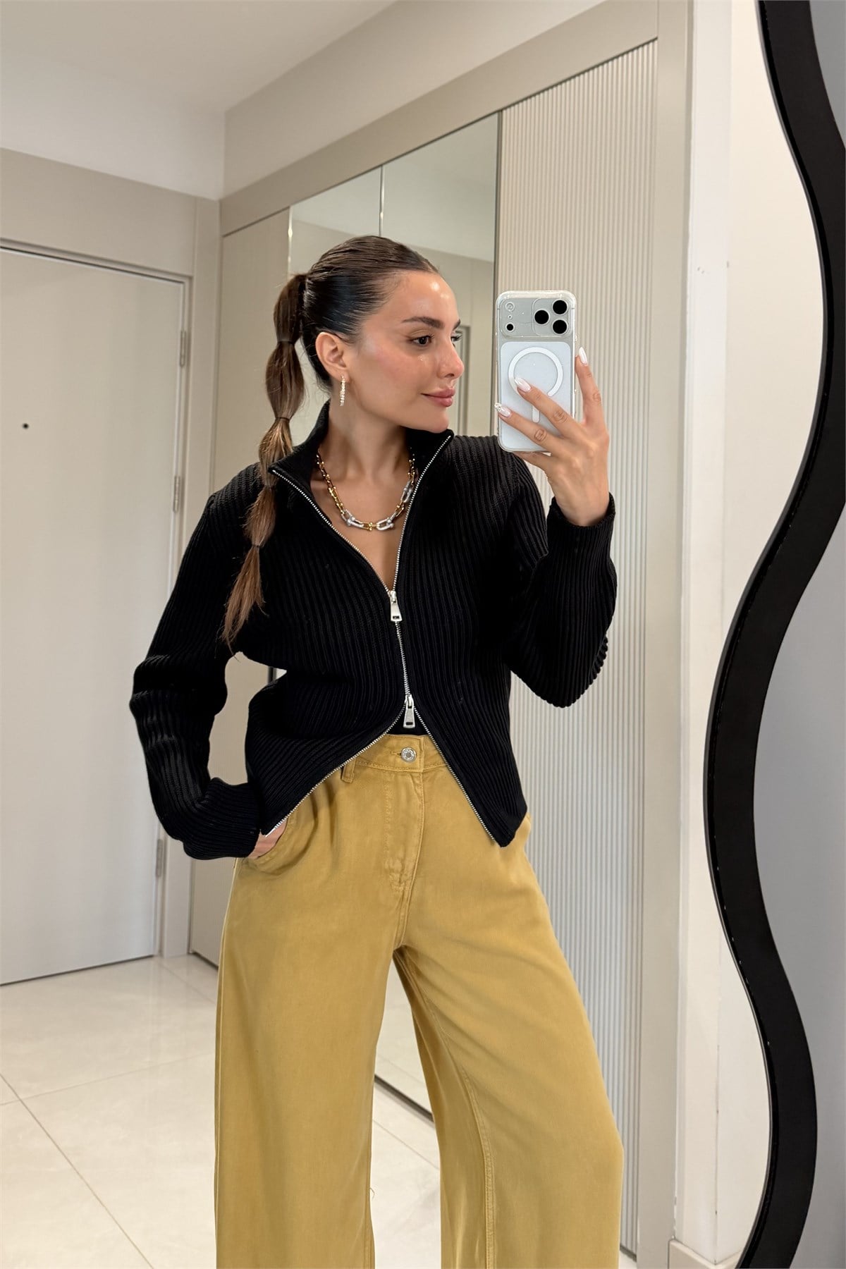 Savanna Siyah Çift Fermuarlı Hırka