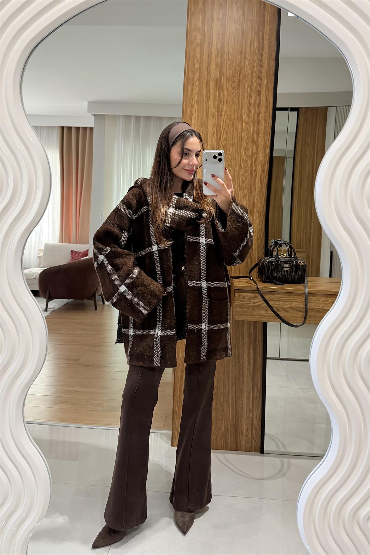 Scarf Kahve Kendinden Atkılı Triko Ceket 