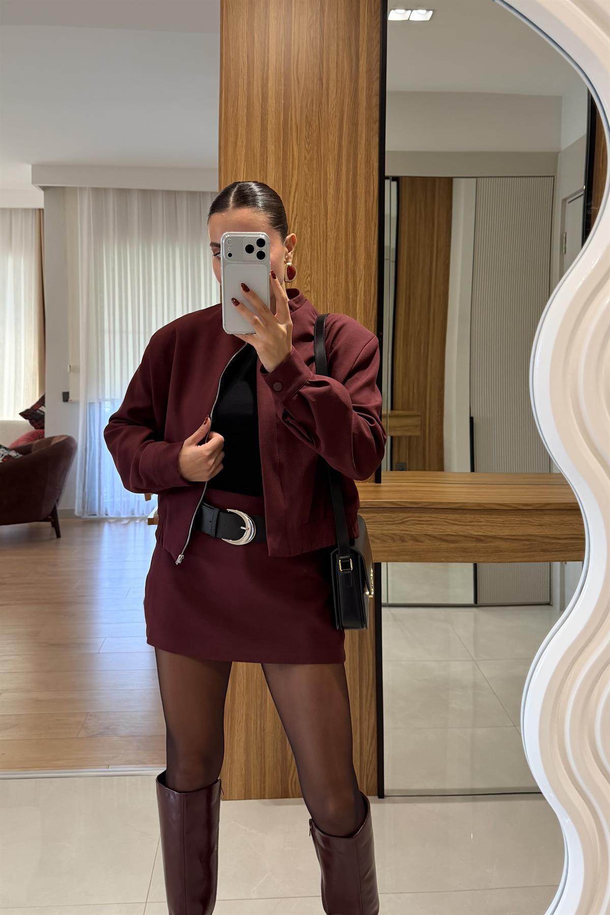 Scarlett Bordo Ceket Şort Etek Takım