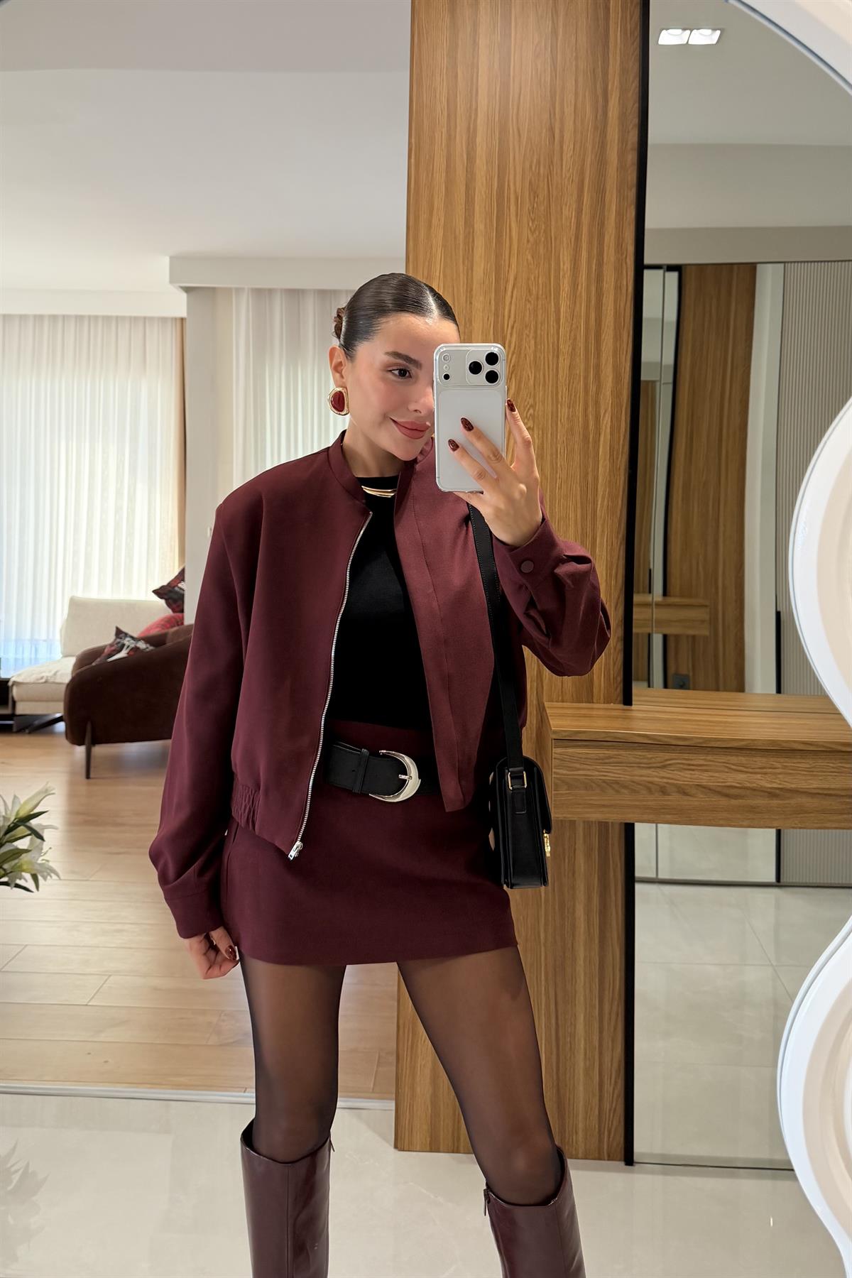 Scarlett Bordo Ceket Şort Etek Takım