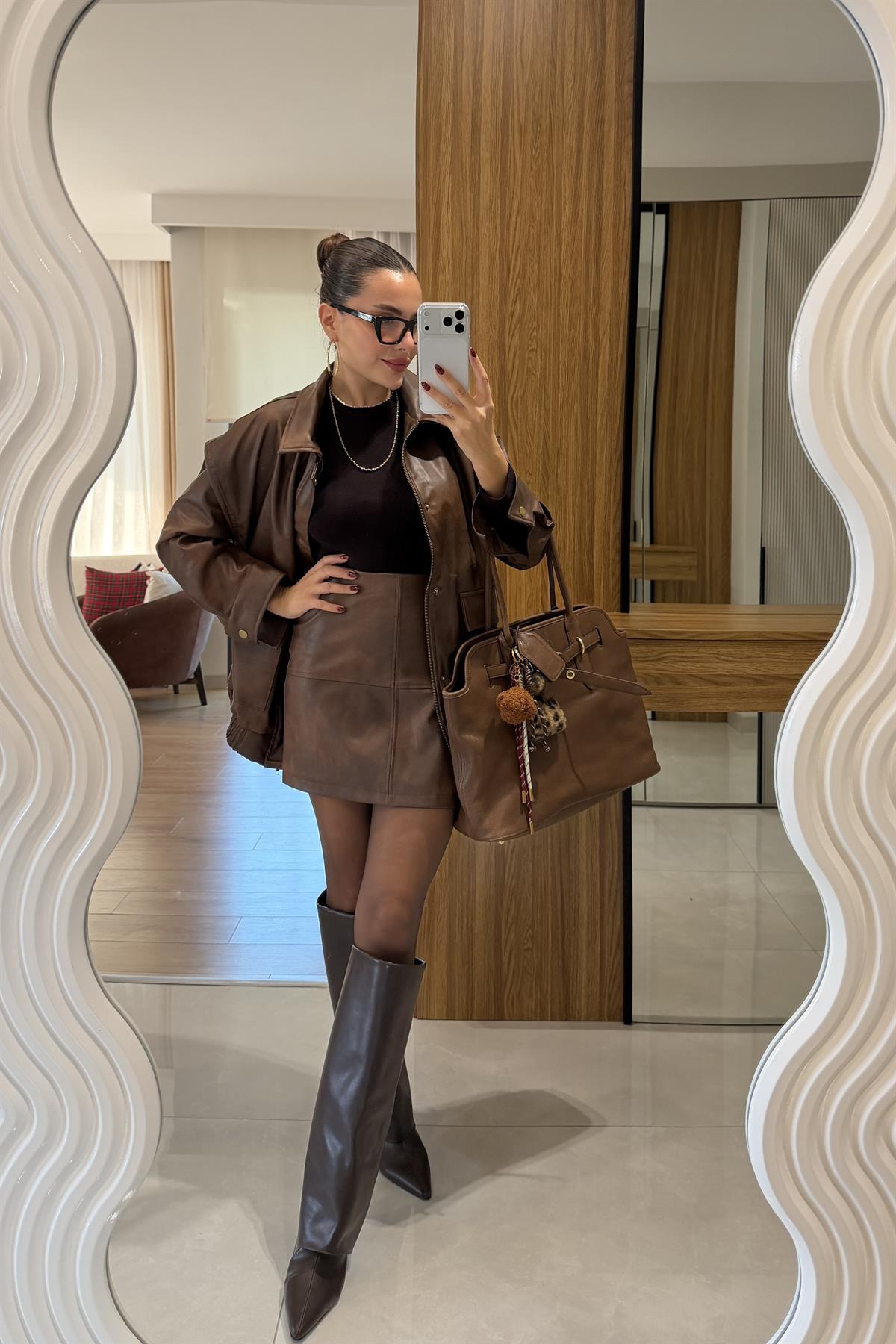 Secret Kahve Yıkama Deri Etek