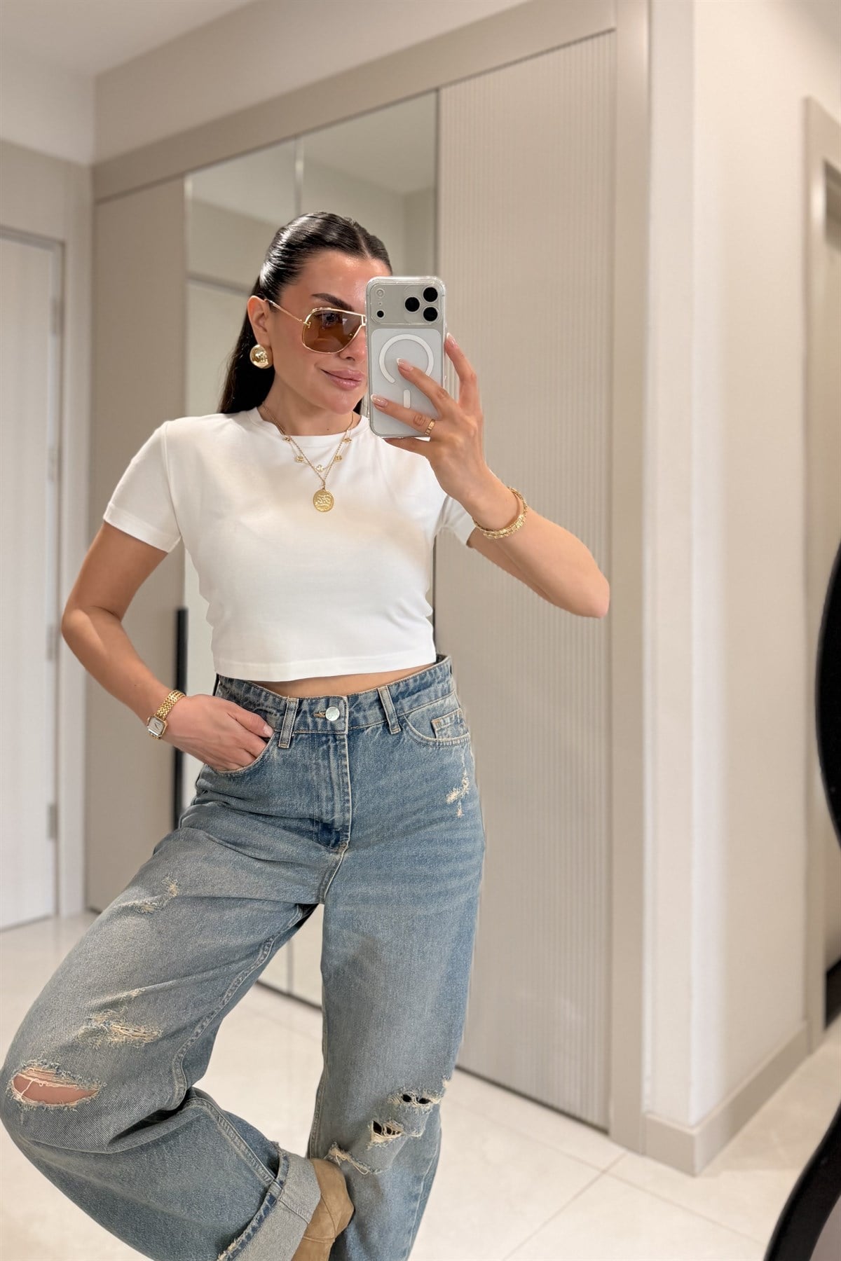 Seize Beyaz Basic Slim Fit Crop Bluz