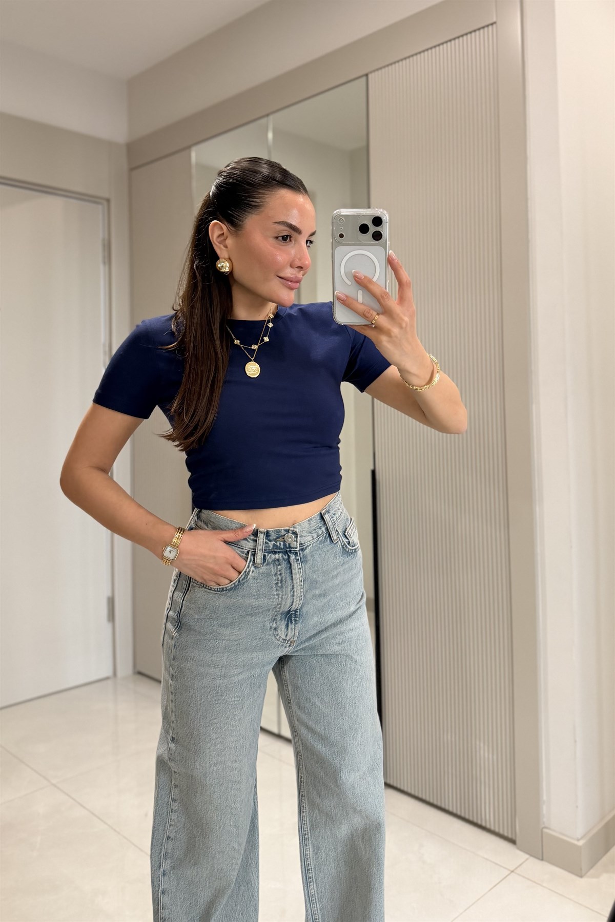 Seize Lacivert Basic Slim Fit Crop Bluz